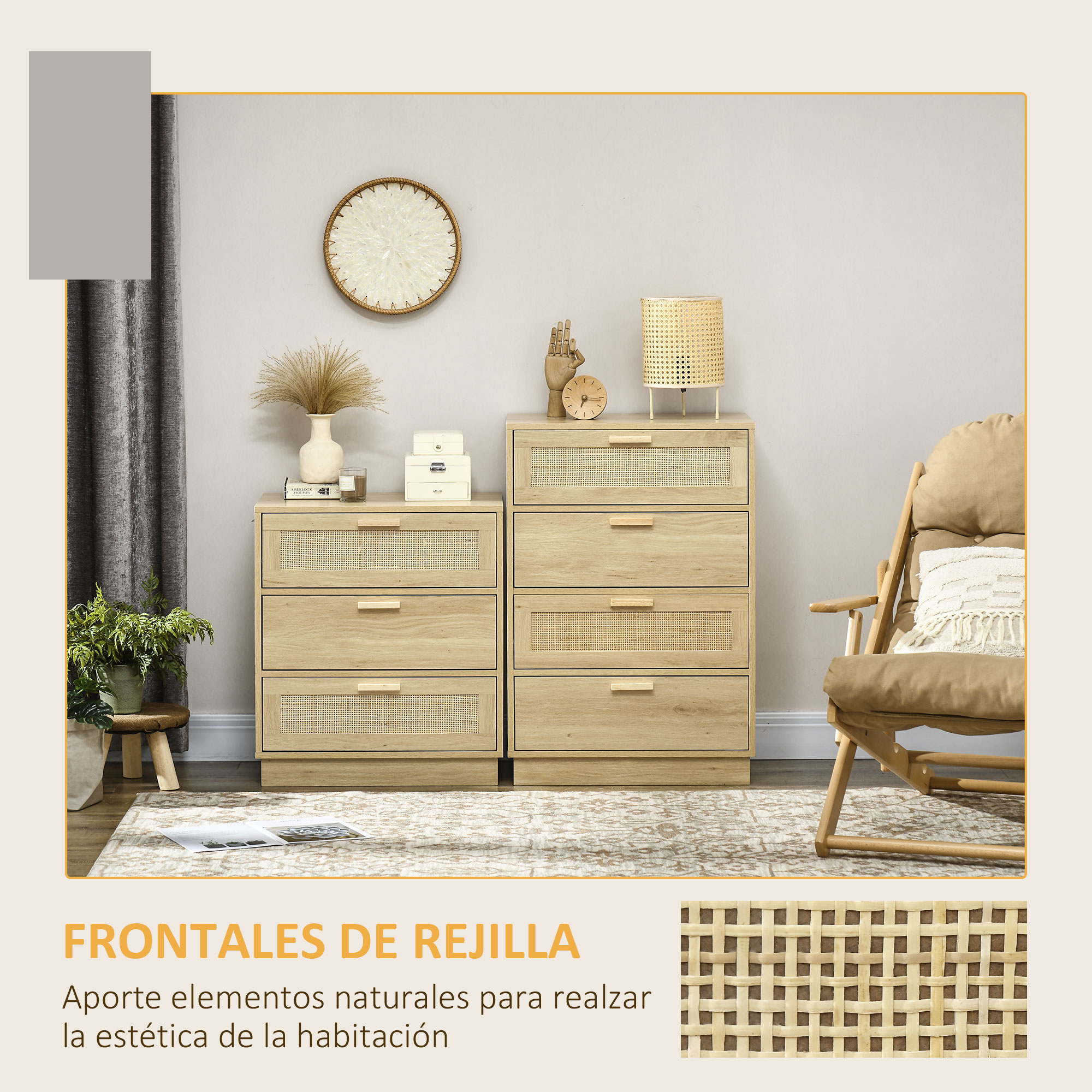 Dos cómodas de madera con frente de ratán, sillón y planta.
