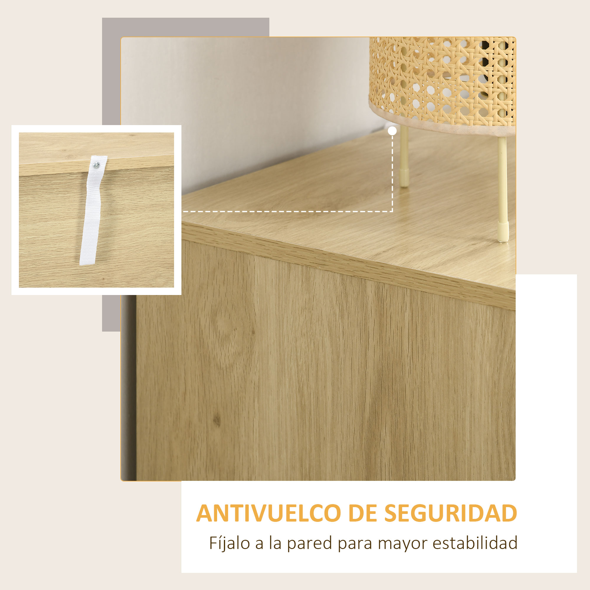 Una correa blanca está fijada a un mueble de madera. Se ve parte de una lámpara.