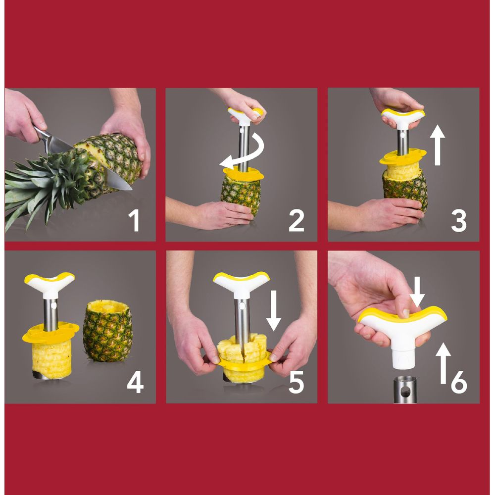 Guida passo passo su come togliere il torsolo di un'ananas con attrezzo.