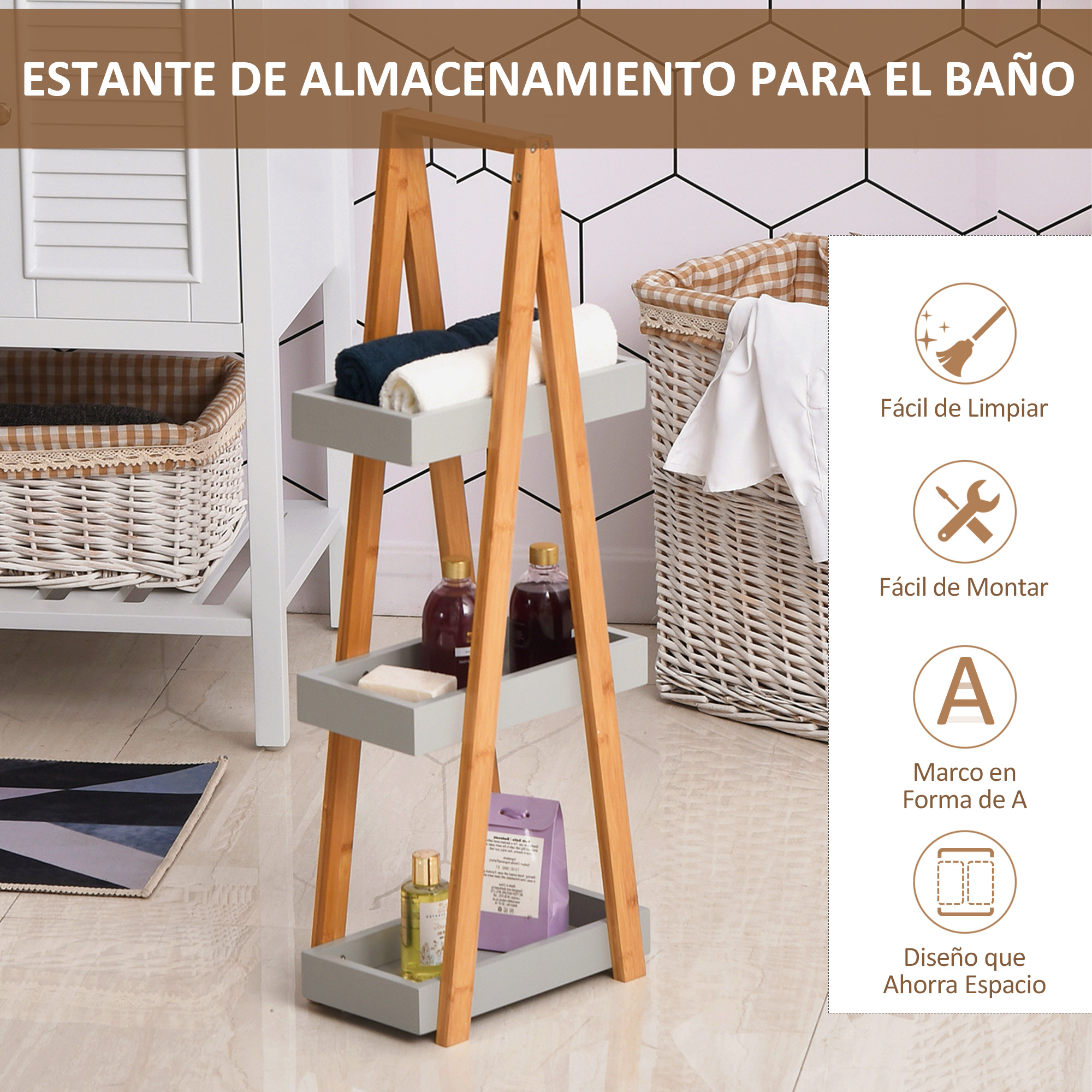 Estante de madera en forma de A con estantes grises con toallas y botellas.
