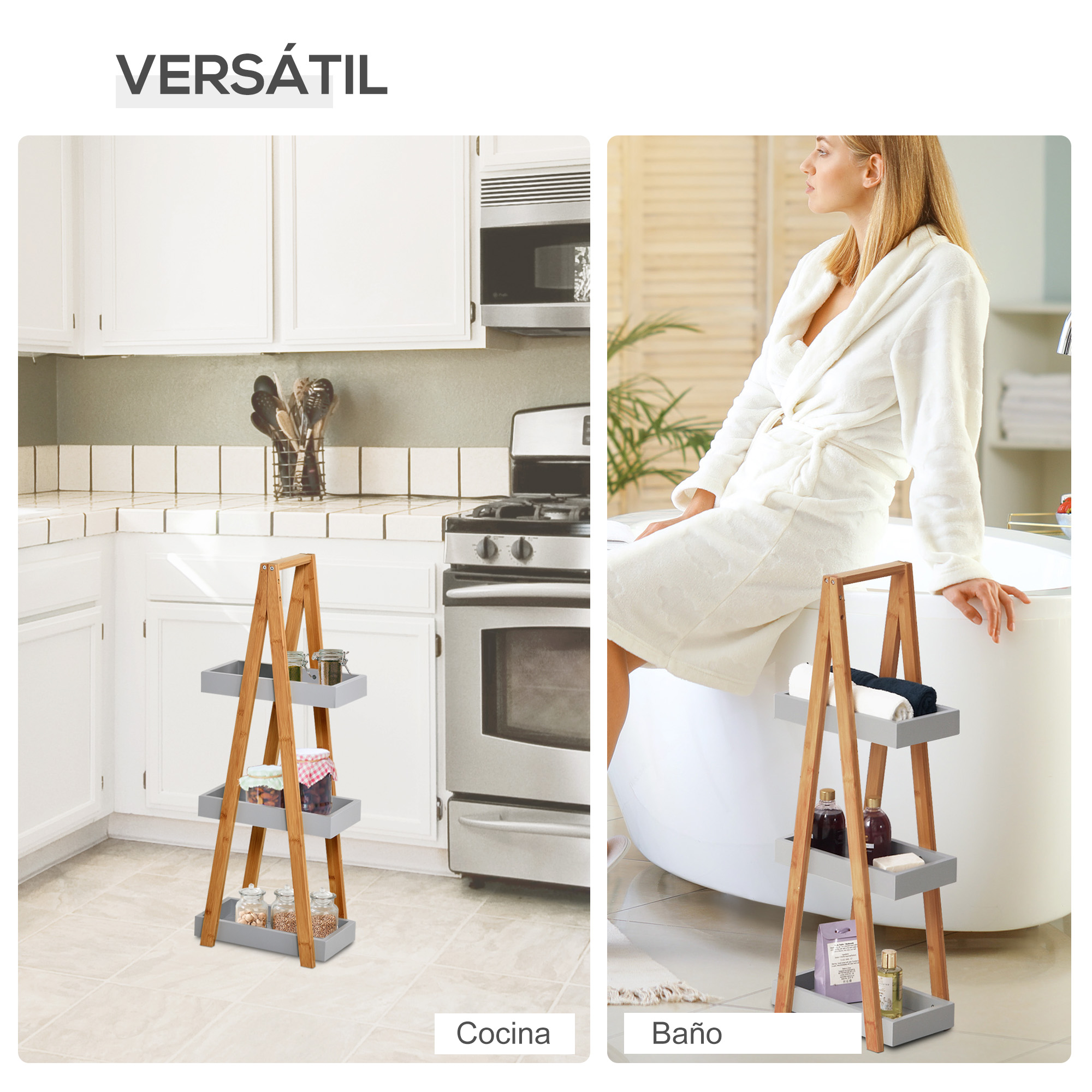 Un estante de tres niveles en cocina y baño. Decoración para ambas estancias.