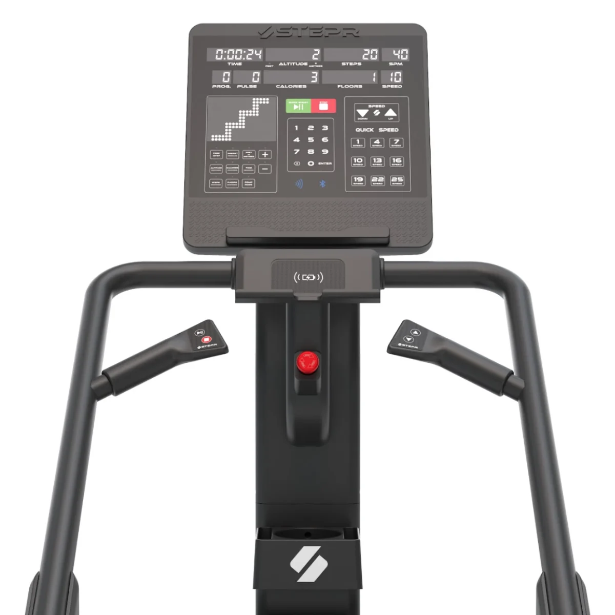 The control panel of a black treadmill with a digital screen showing time, steps, and calories.