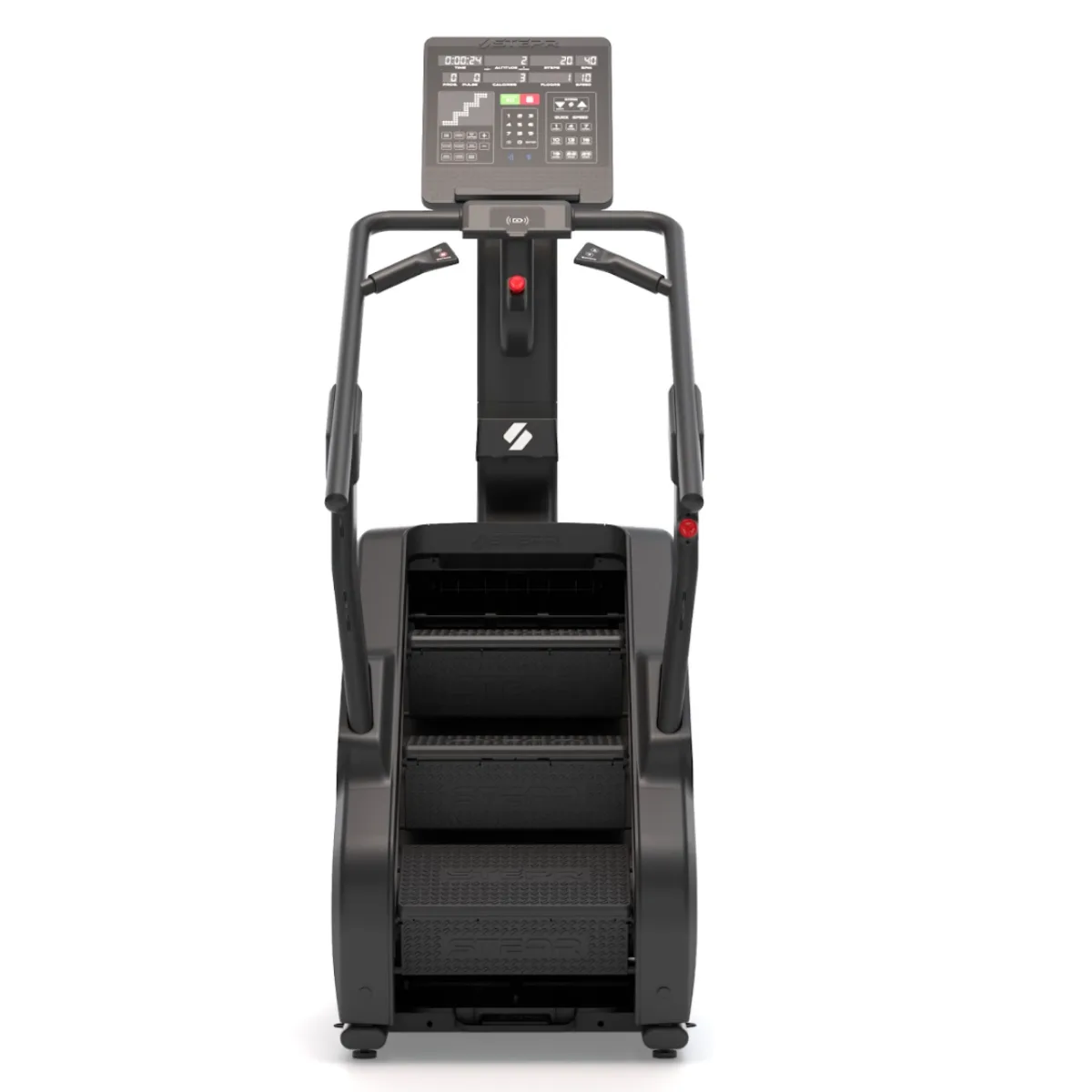 A black stair climber machine with a digital display and handles.