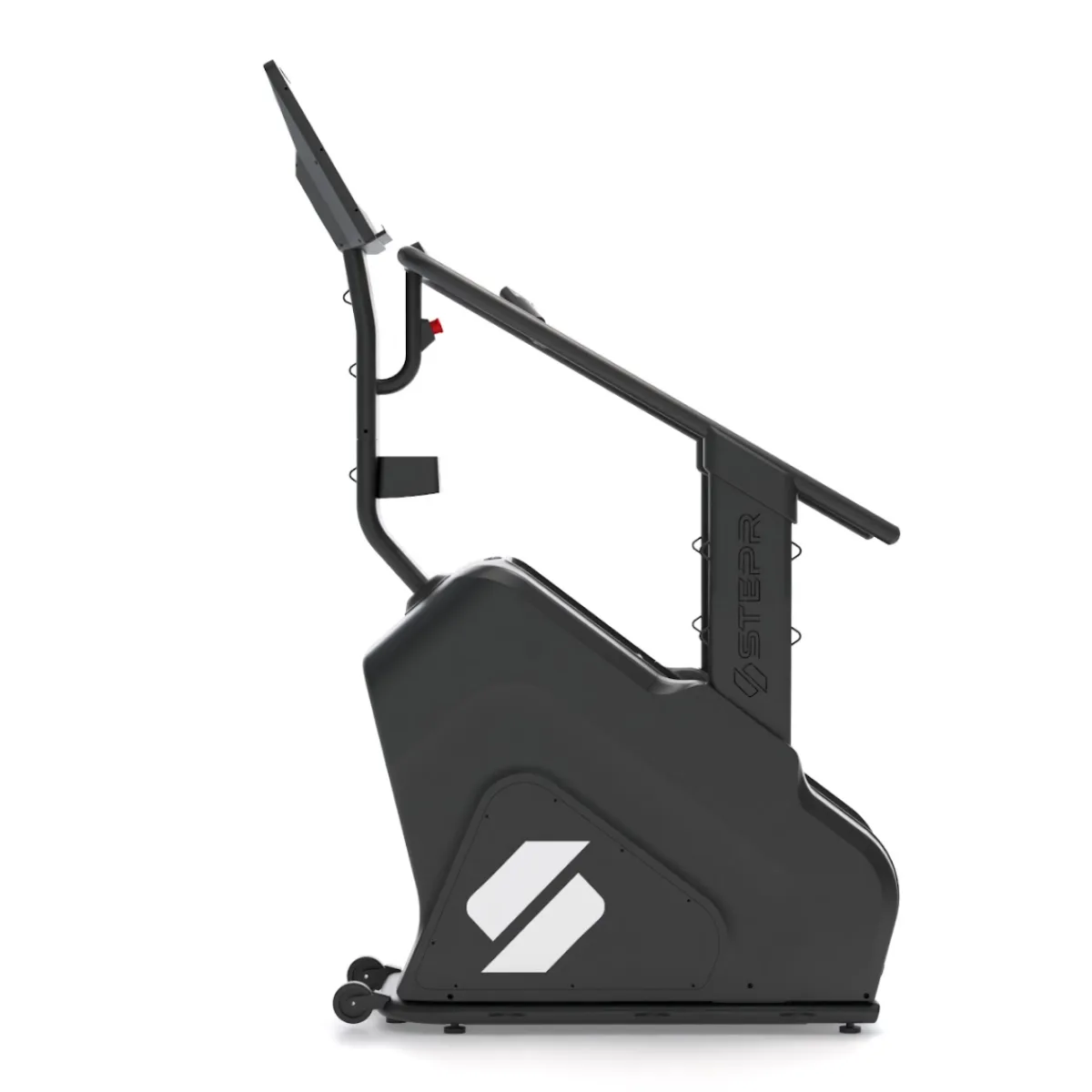 Black stair climber machine with steps and handles, white logo.