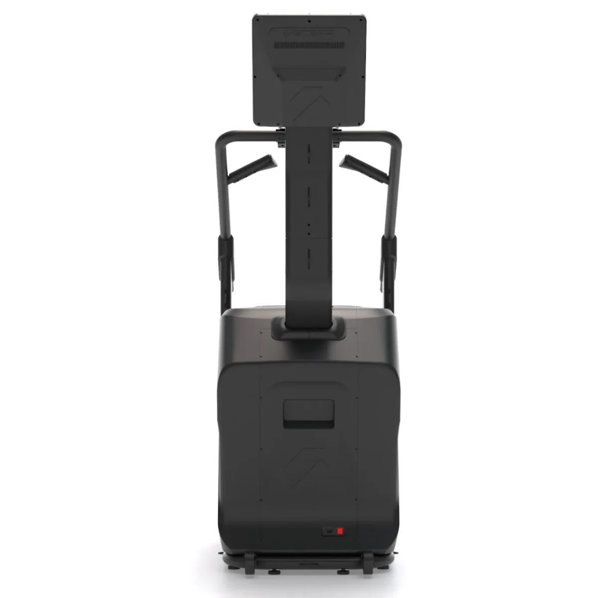 Black exercise machine with screen and handles, viewed from the back.