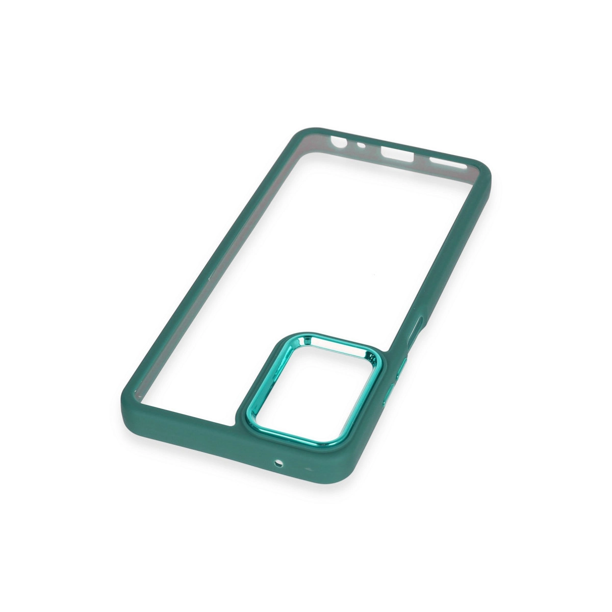 Metalik mavi kamera lens çevresi olan koyu yeşil telefon kılıfı.