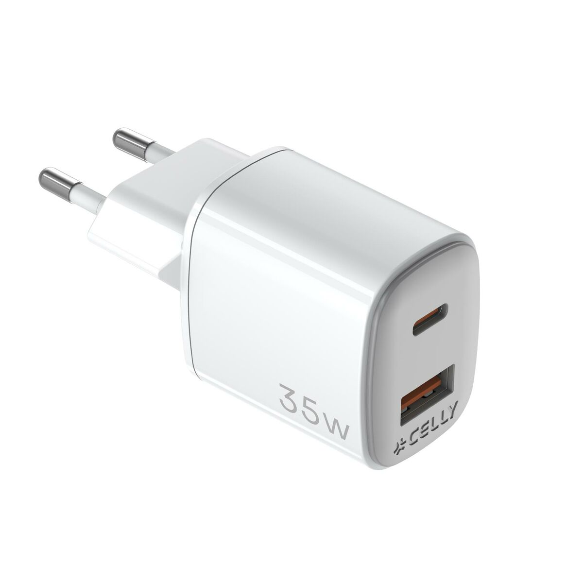 İki portlu beyaz 35W USB-C güç adaptörü ve gümüş fiş uçları.