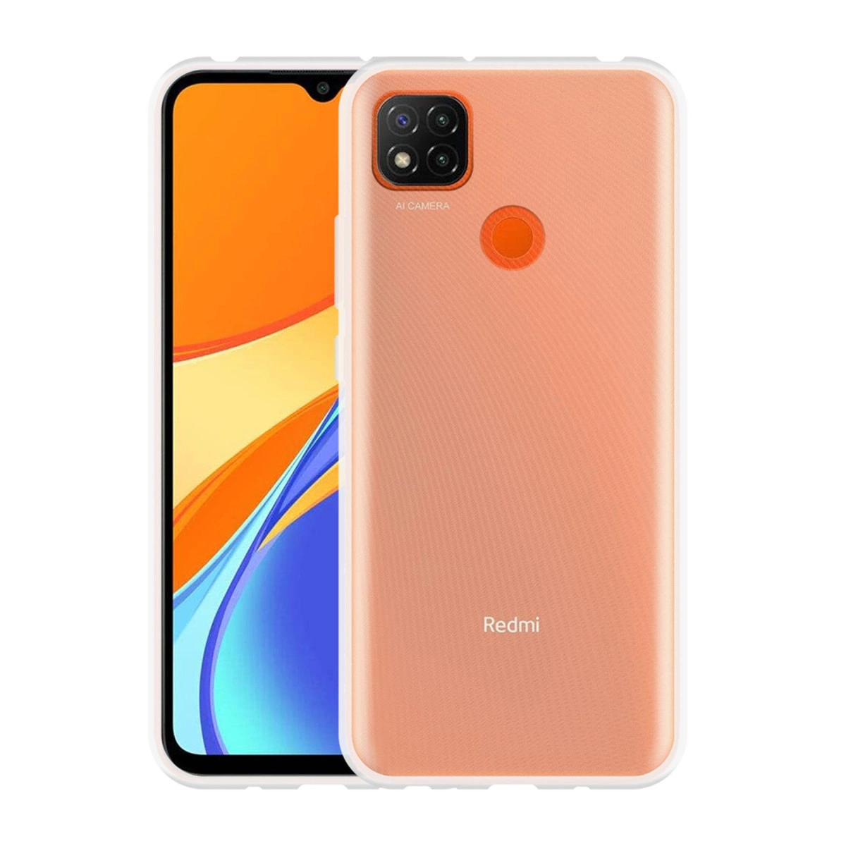 Dört kameralı ve flaşlı turuncu bir telefon. Ekran kısmen görünür.