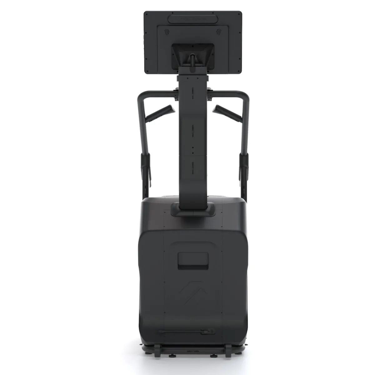 A black exercise machine with a screen and handles, viewed from the front.