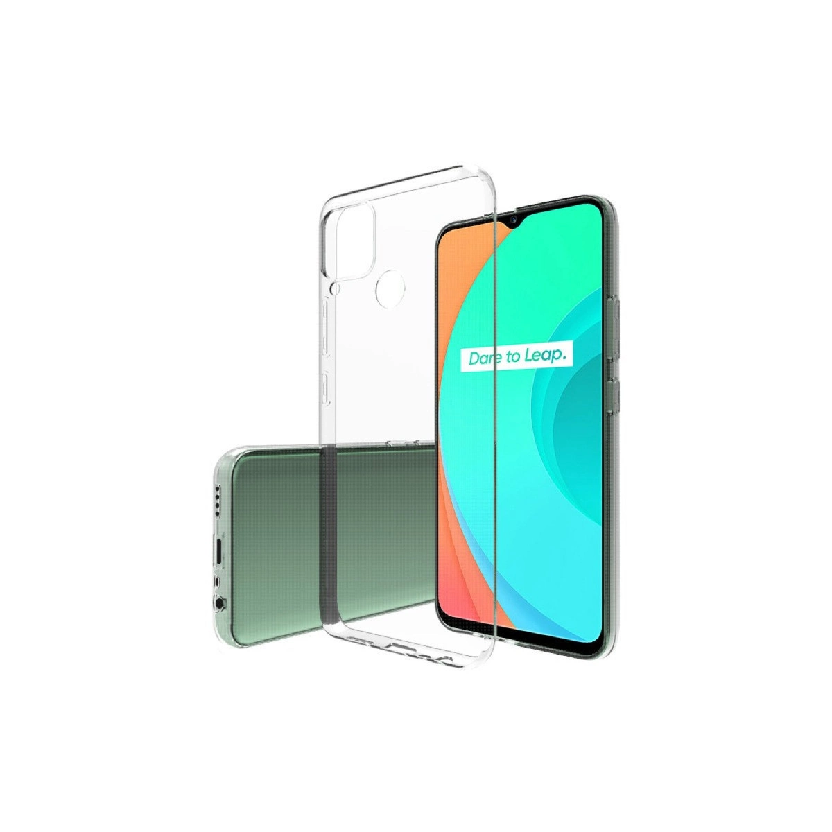 Yeşil bir akıllı telefonla şeffaf telefon kılıfı.