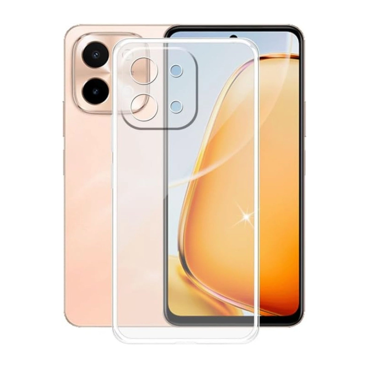 Üzerinde şeffaf kılıf olan şeftali rengi telefon. Arkada iki kamera.