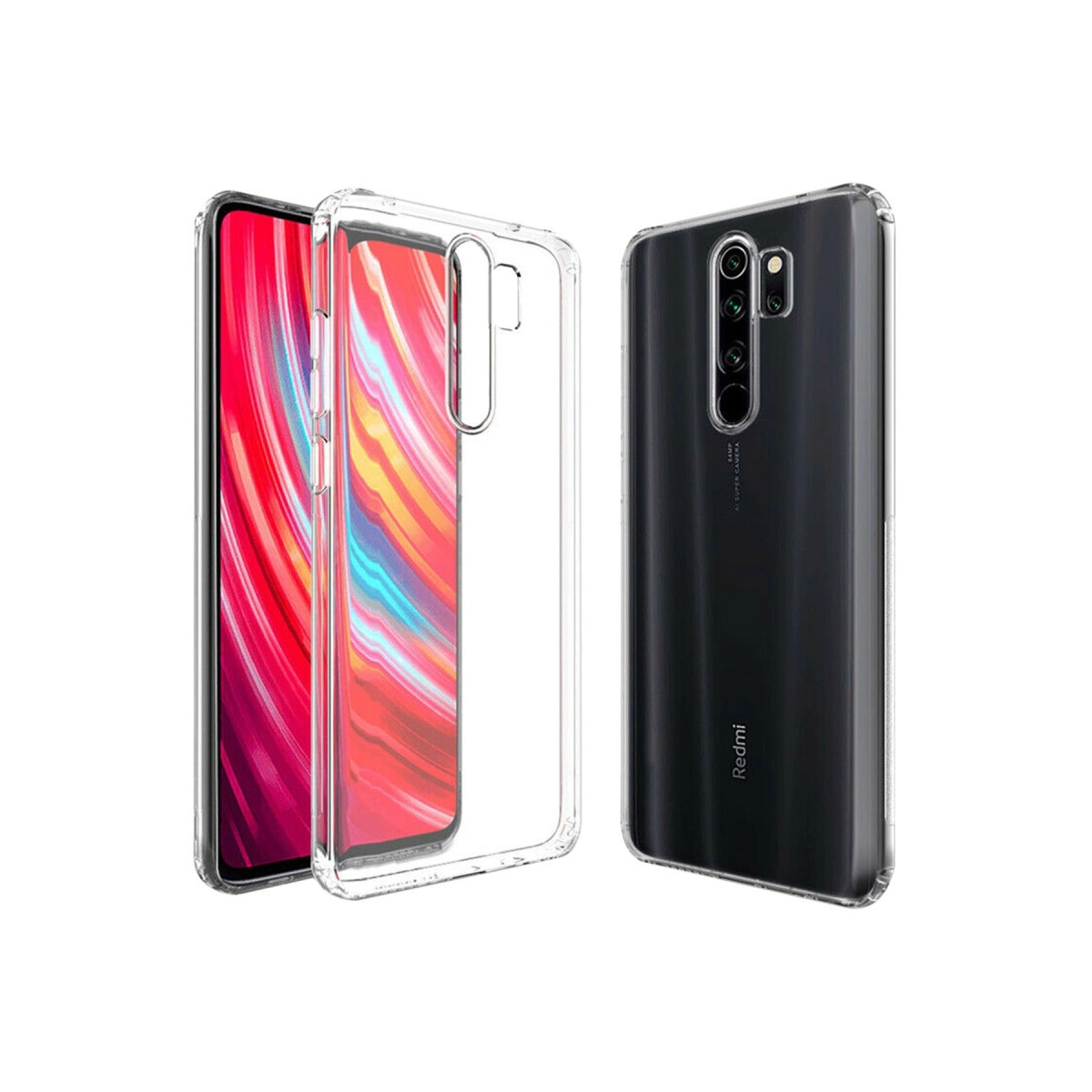 Dört kameralı siyah bir akıllı telefonun yanında şeffaf telefon kılıfı.