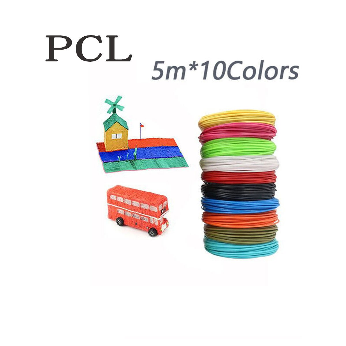 PCL 5m*10Colori: un autobus rosso a due piani, una casa con mulino e una pila di bobine colorate.