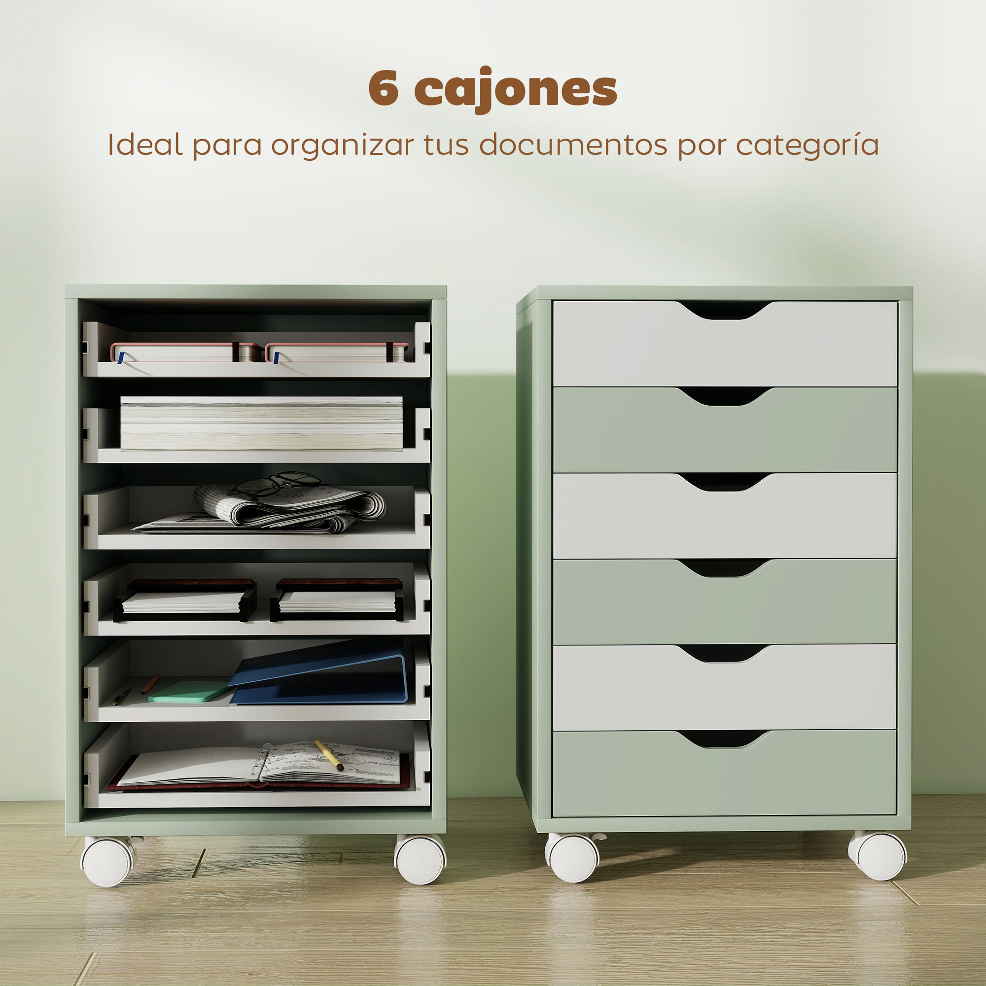 Dos archivadores verdes con ruedas, cajones y bandejas, llenos de libros y papeles.