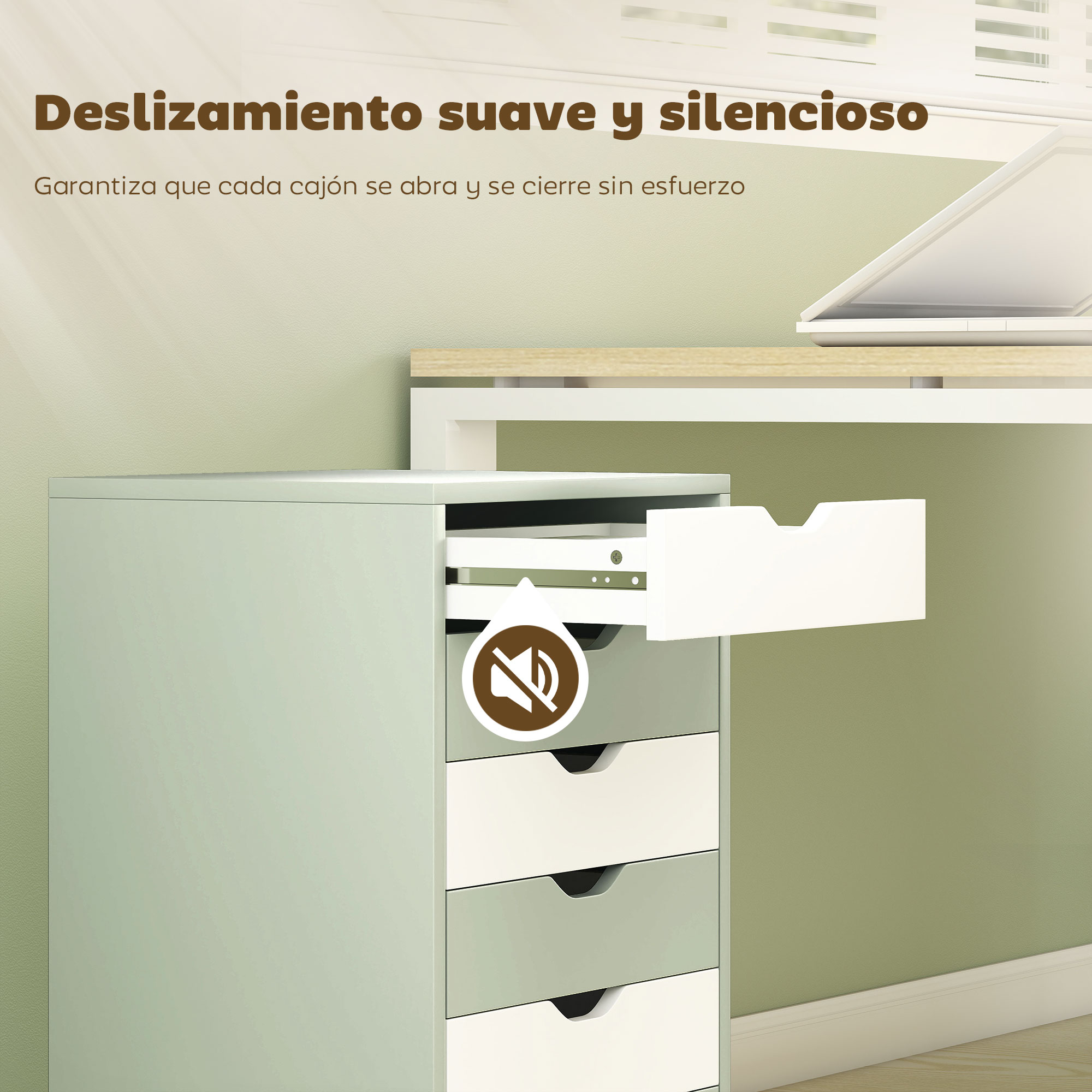 Un archivador verde claro con cajones blancos. Se ve un símbolo de silencio.