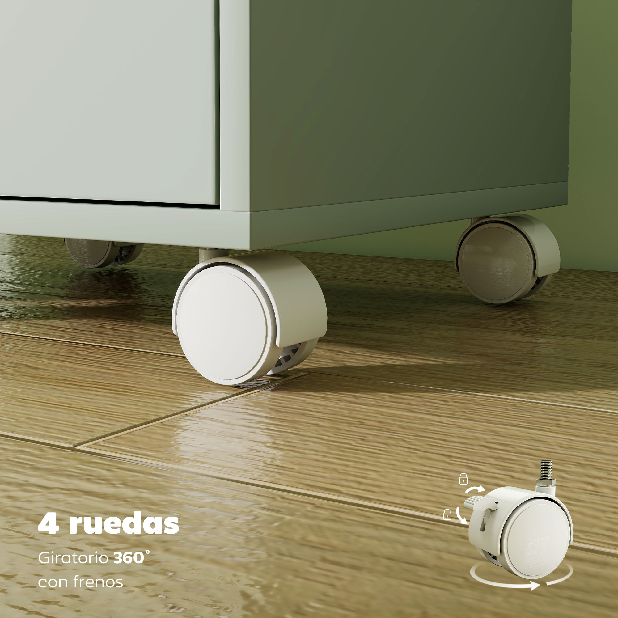 Un mueble gris sobre cuatro ruedas blancas con frenos en suelo de madera.