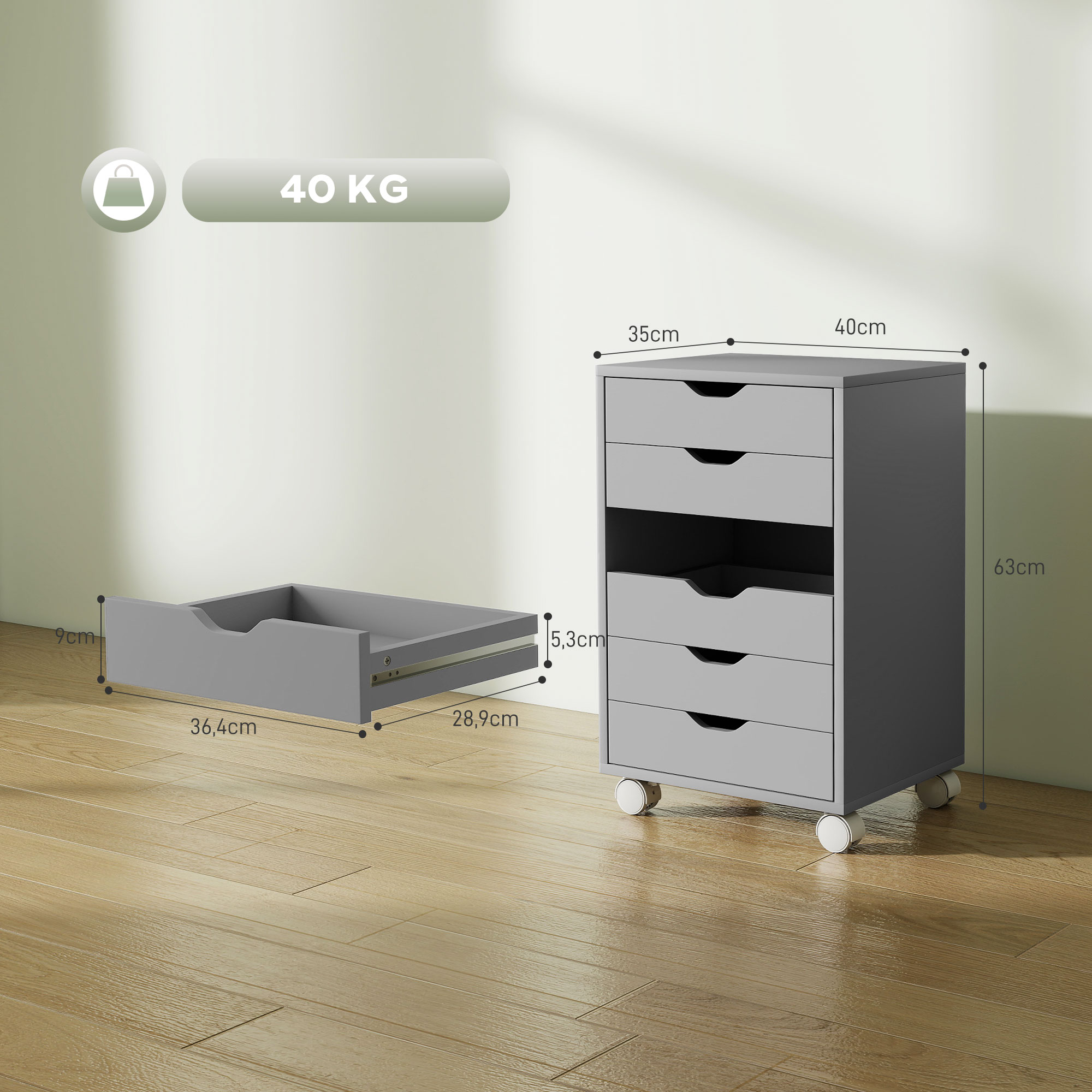 Mueble gris con ruedas y 5 cajones, un cajón sacado al lado.