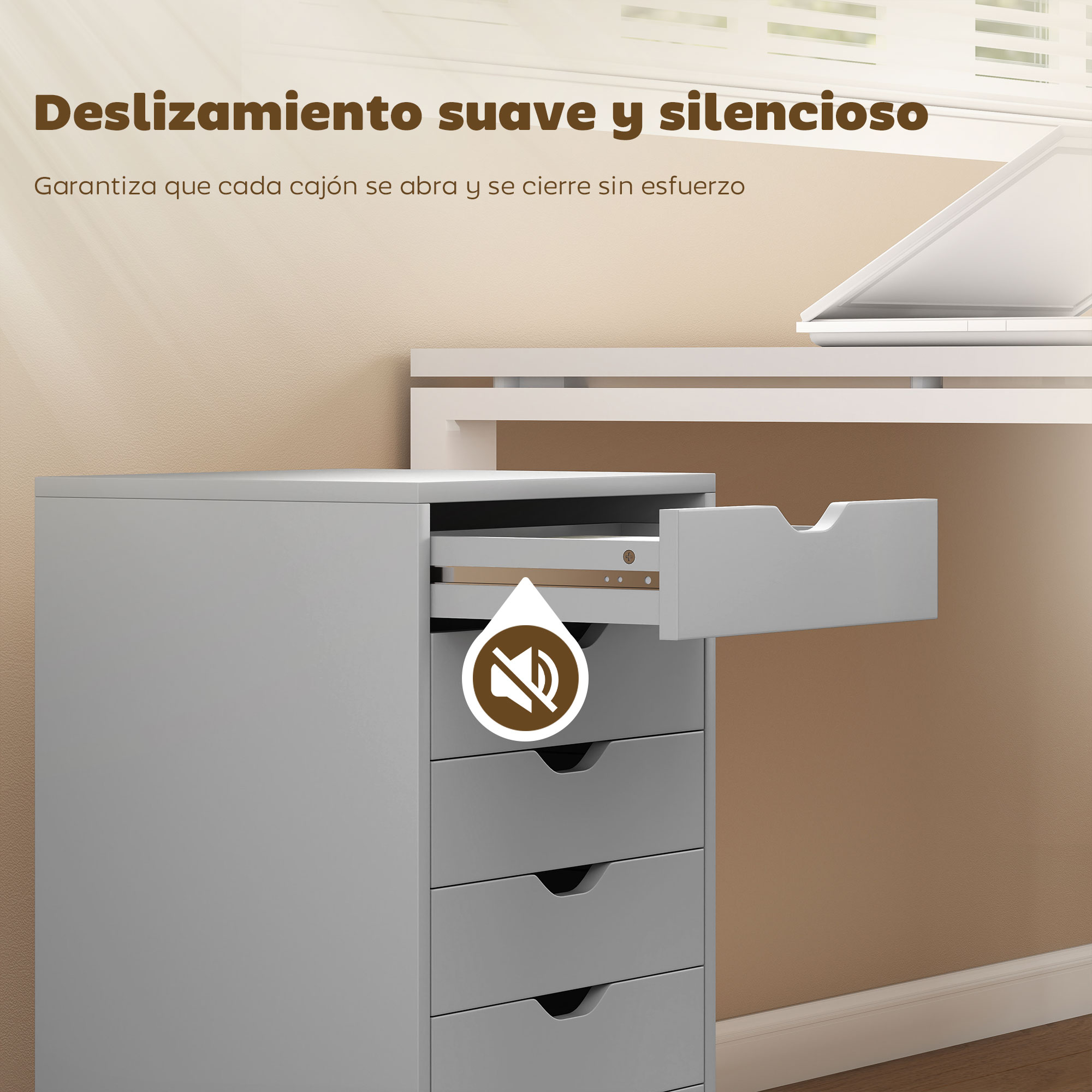Gabinete rodante gris con cajón superior abierto y símbolo de silencio.