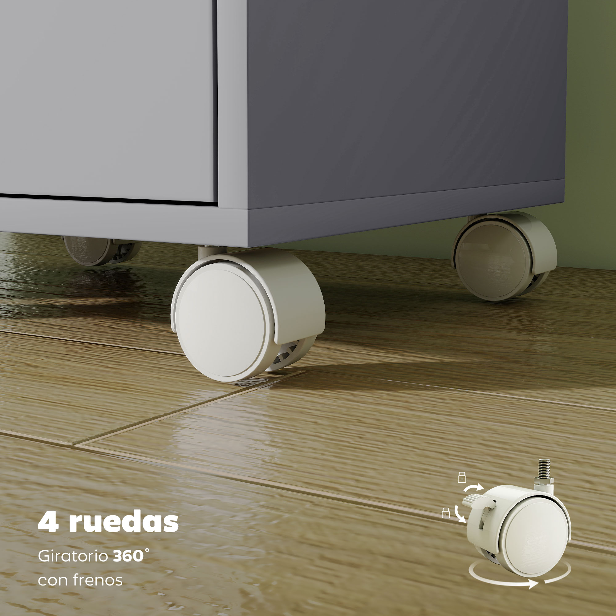 Mueble gris sobre cuatro ruedas blancas con frenos en suelo de madera.