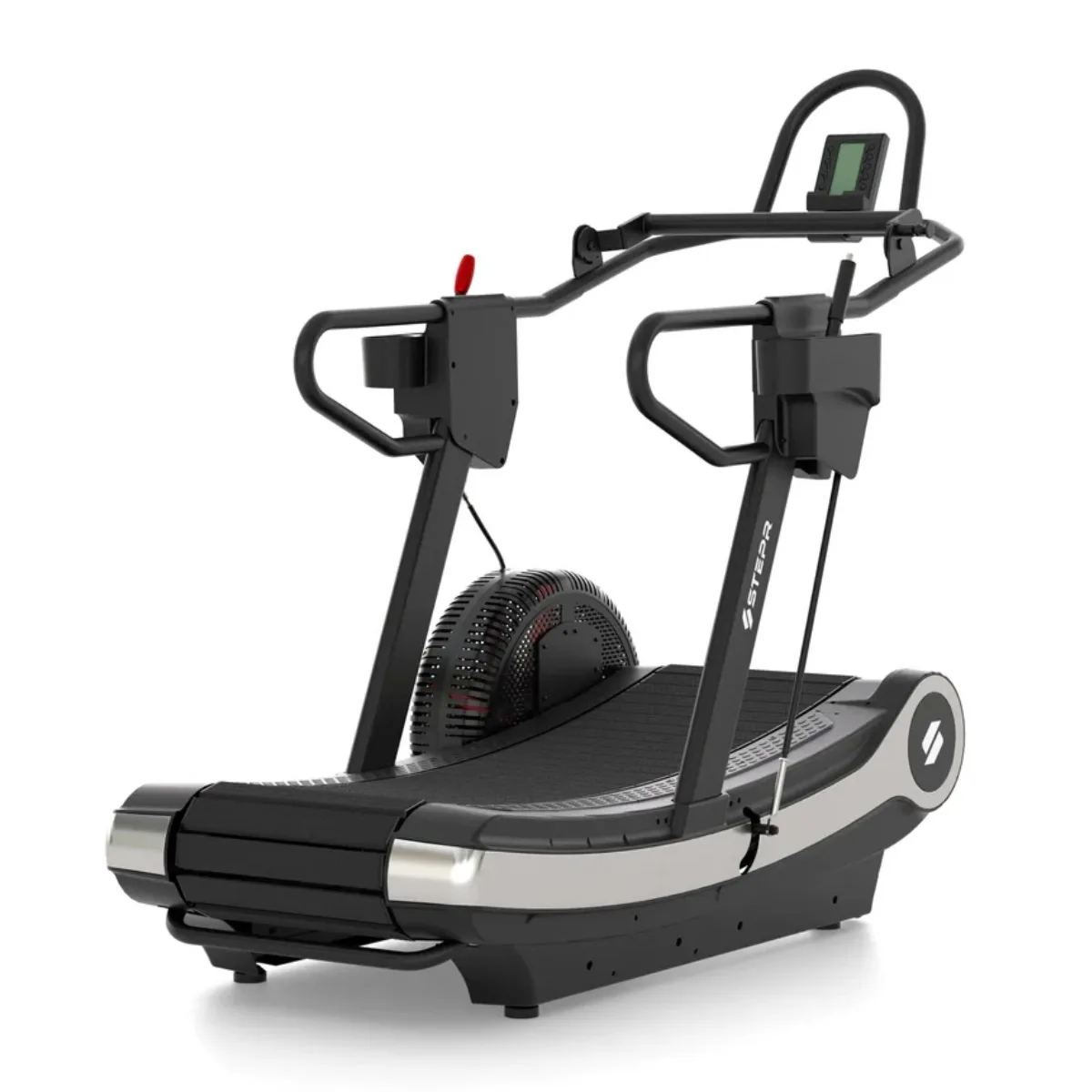 Black treadmill with handles, display, and fan wheel.