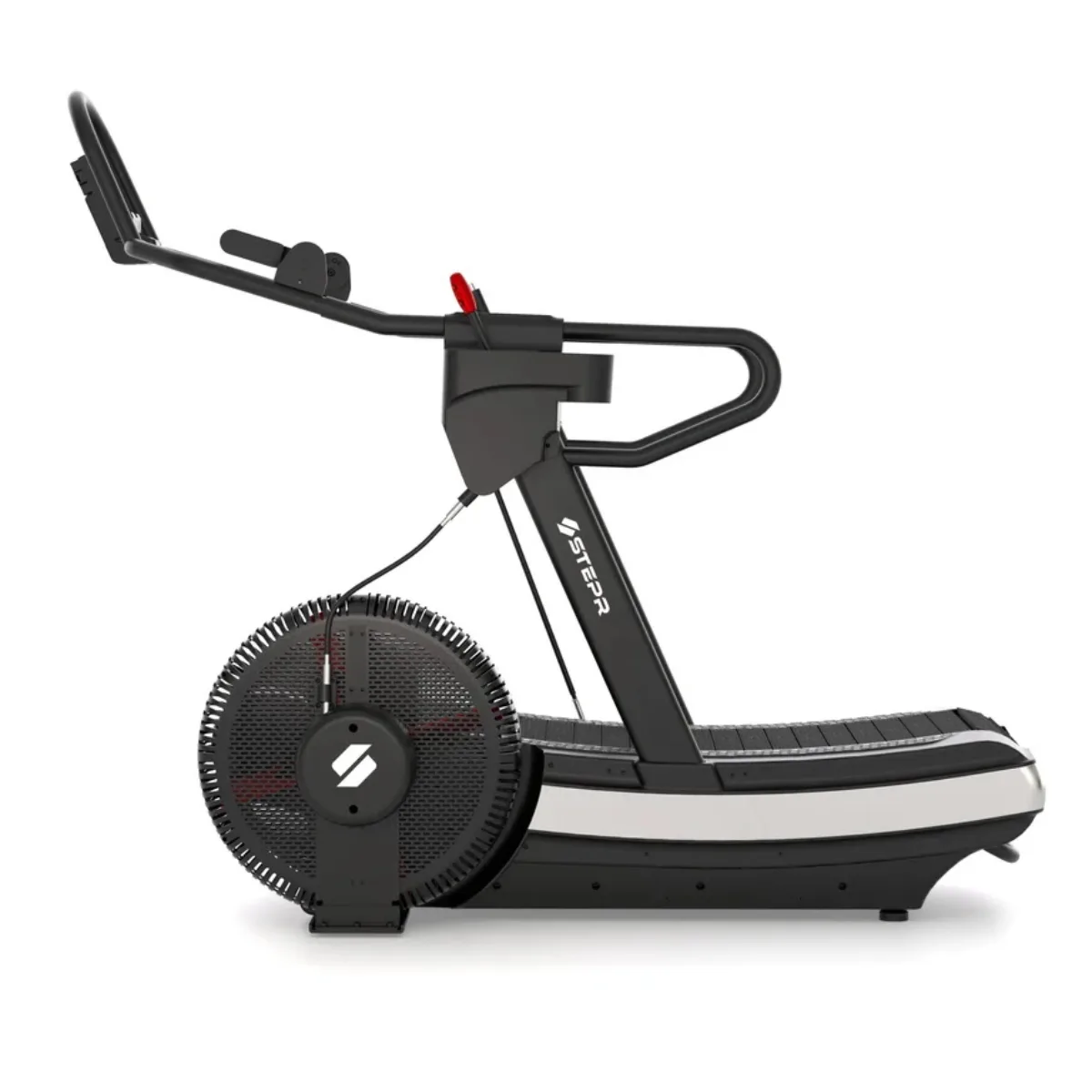 A black treadmill with a large fan wheel and Stepr logo.