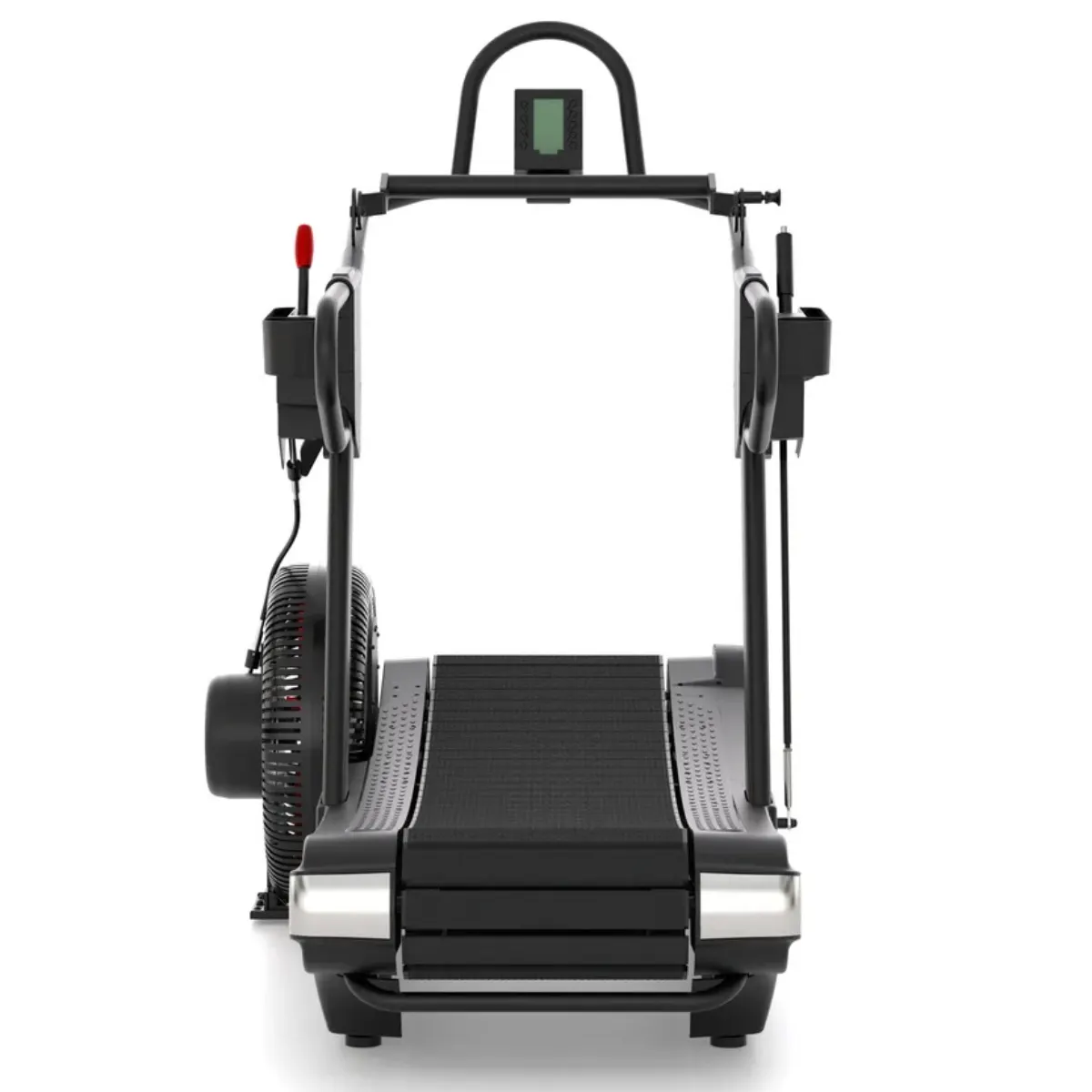 A black treadmill with a fan on the side and a digital display.