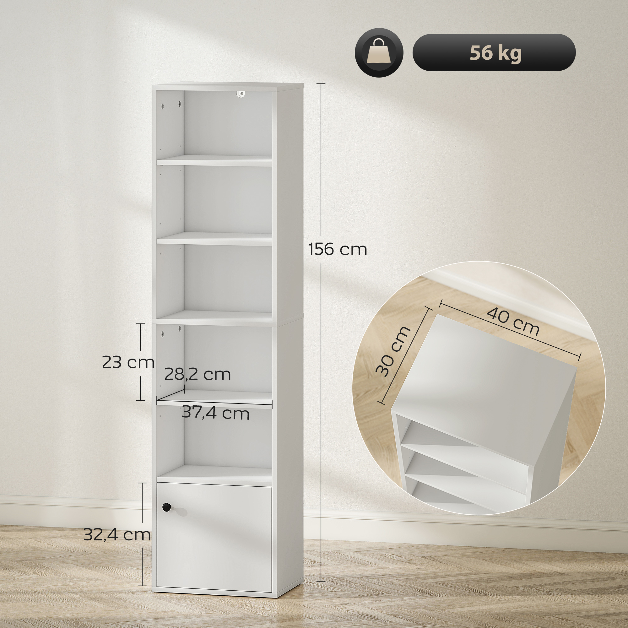 Una estantería blanca con cinco baldas y una puerta, de 156 cm.