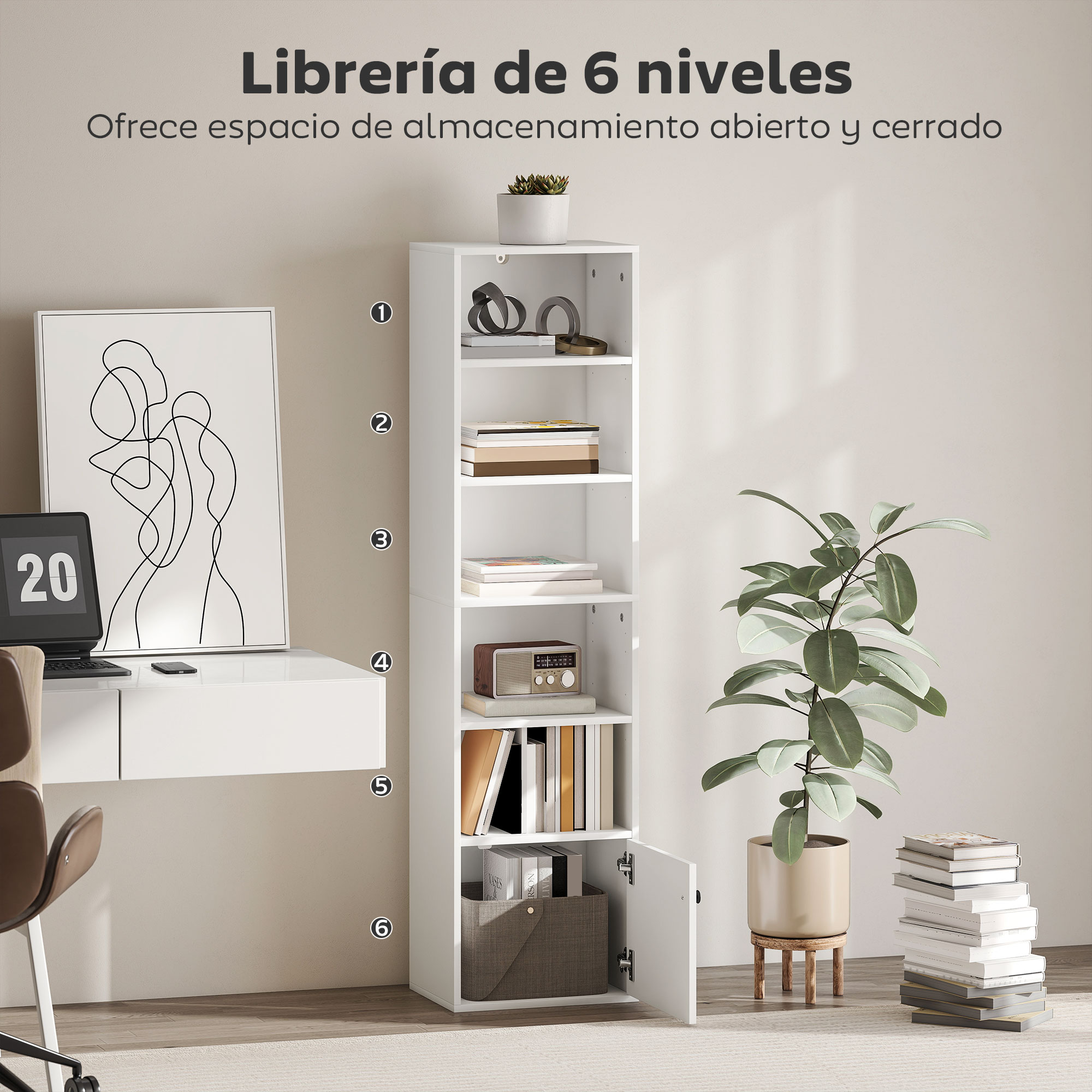 Librería blanca de 6 estantes con decoración: libros, planta, radio y arte.