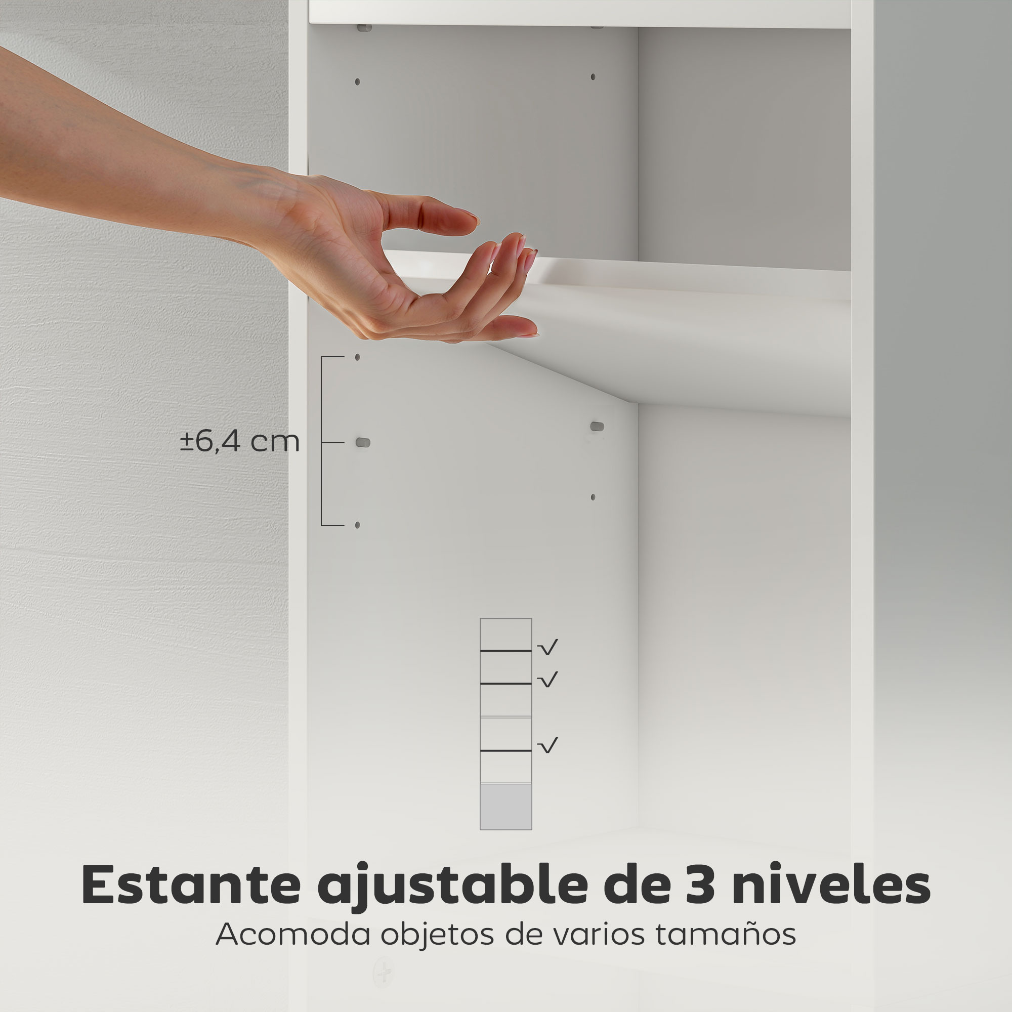 Una mano alcanza un estante en un armario blanco. Se indican las medidas.