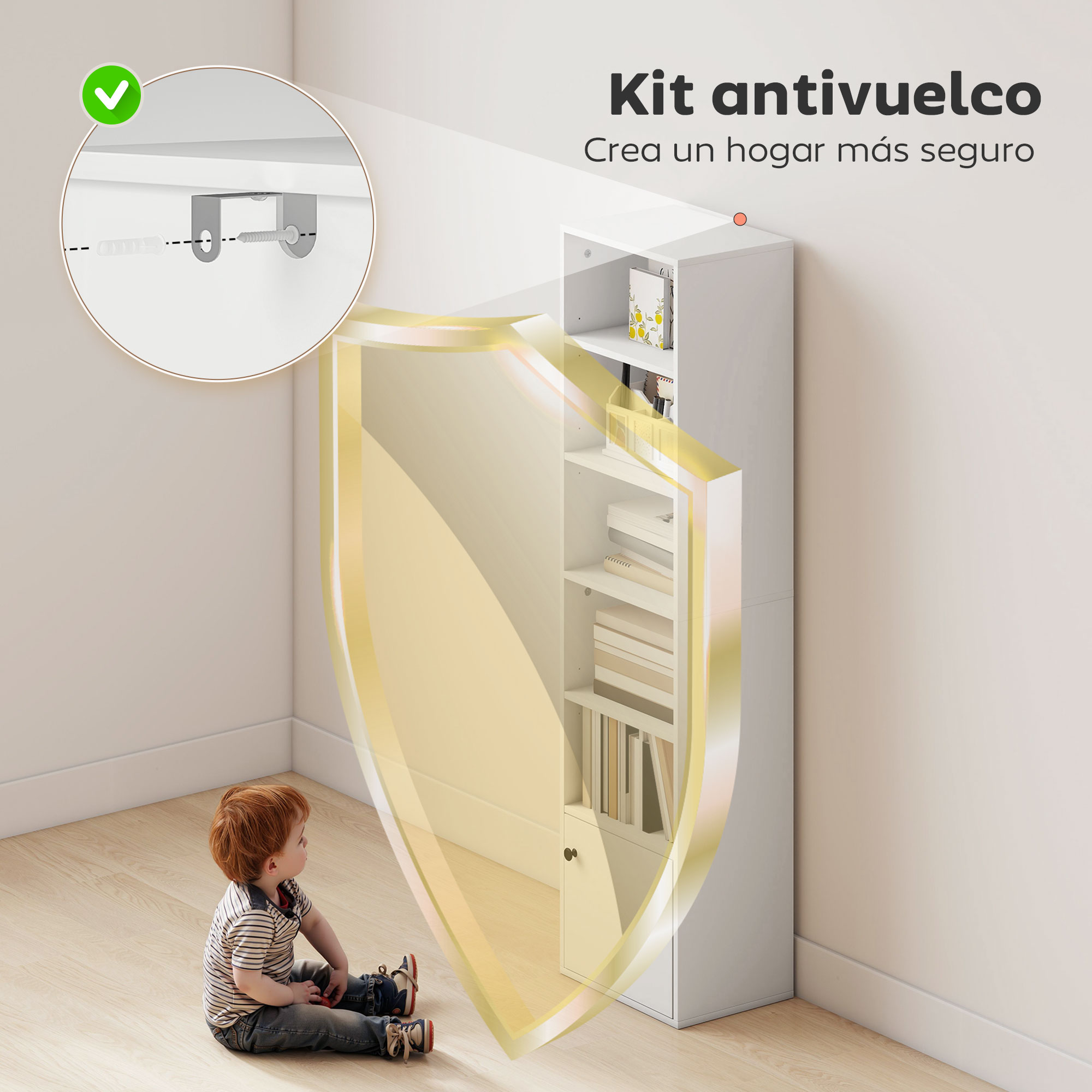 Un niño sentado en el suelo frente a una estantería blanca. Un gráfico muestra un kit antivuelco.