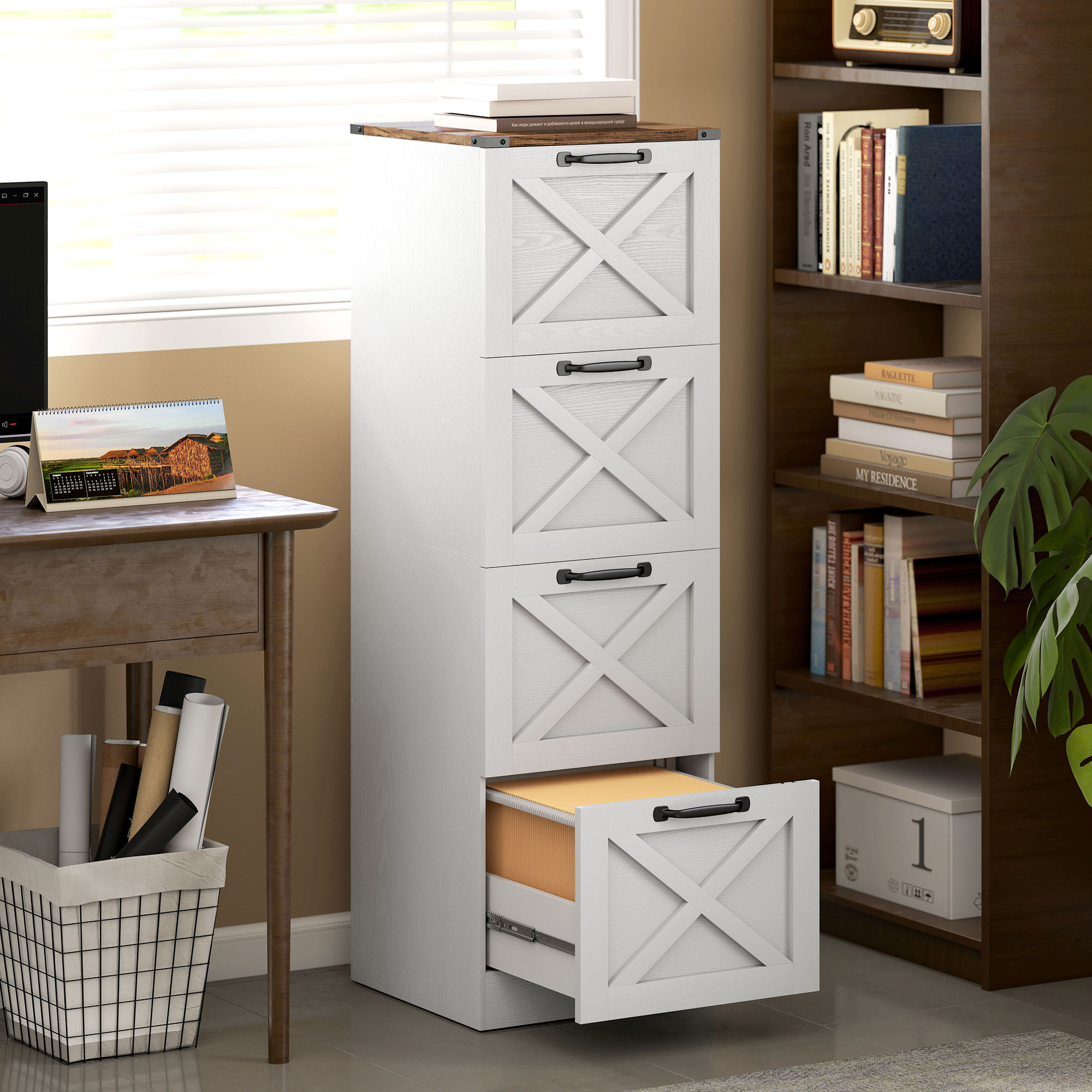 Un archivador blanco con detalles de madera junto a una estantería marrón.