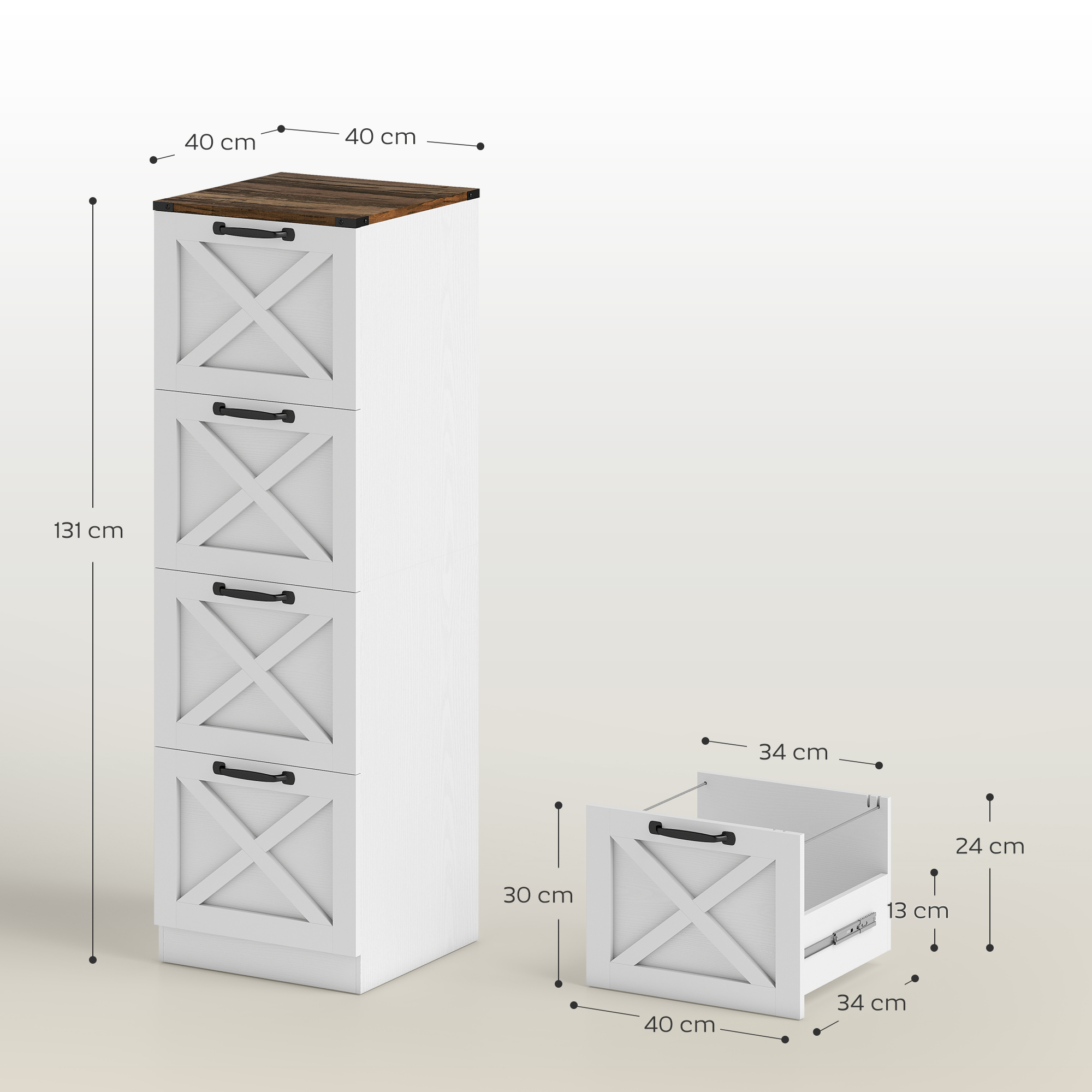 Un armario blanco con tapa de madera y cuatro cajones, al lado un cajón.