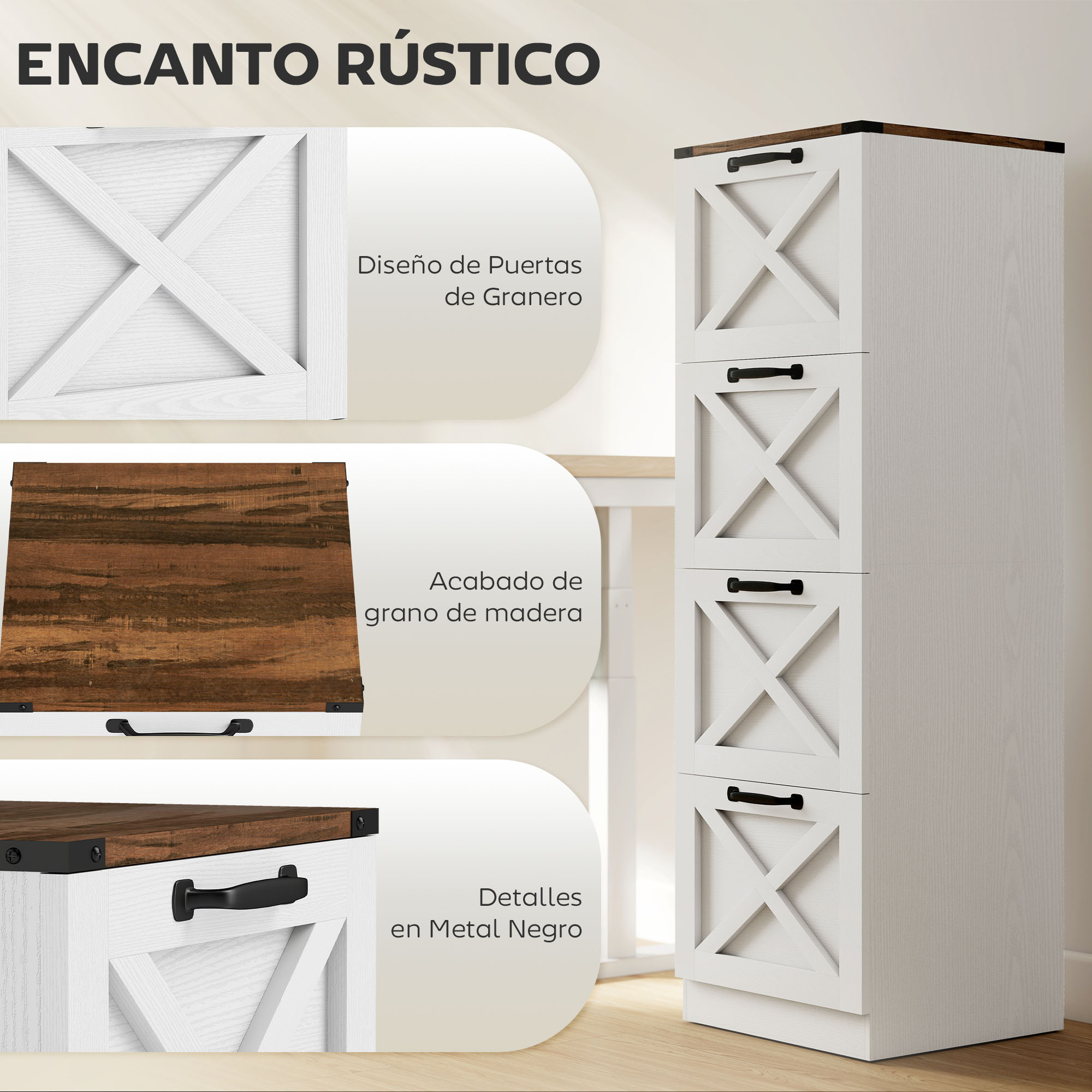Un armario blanco con detalles de madera y cuatro cajones.