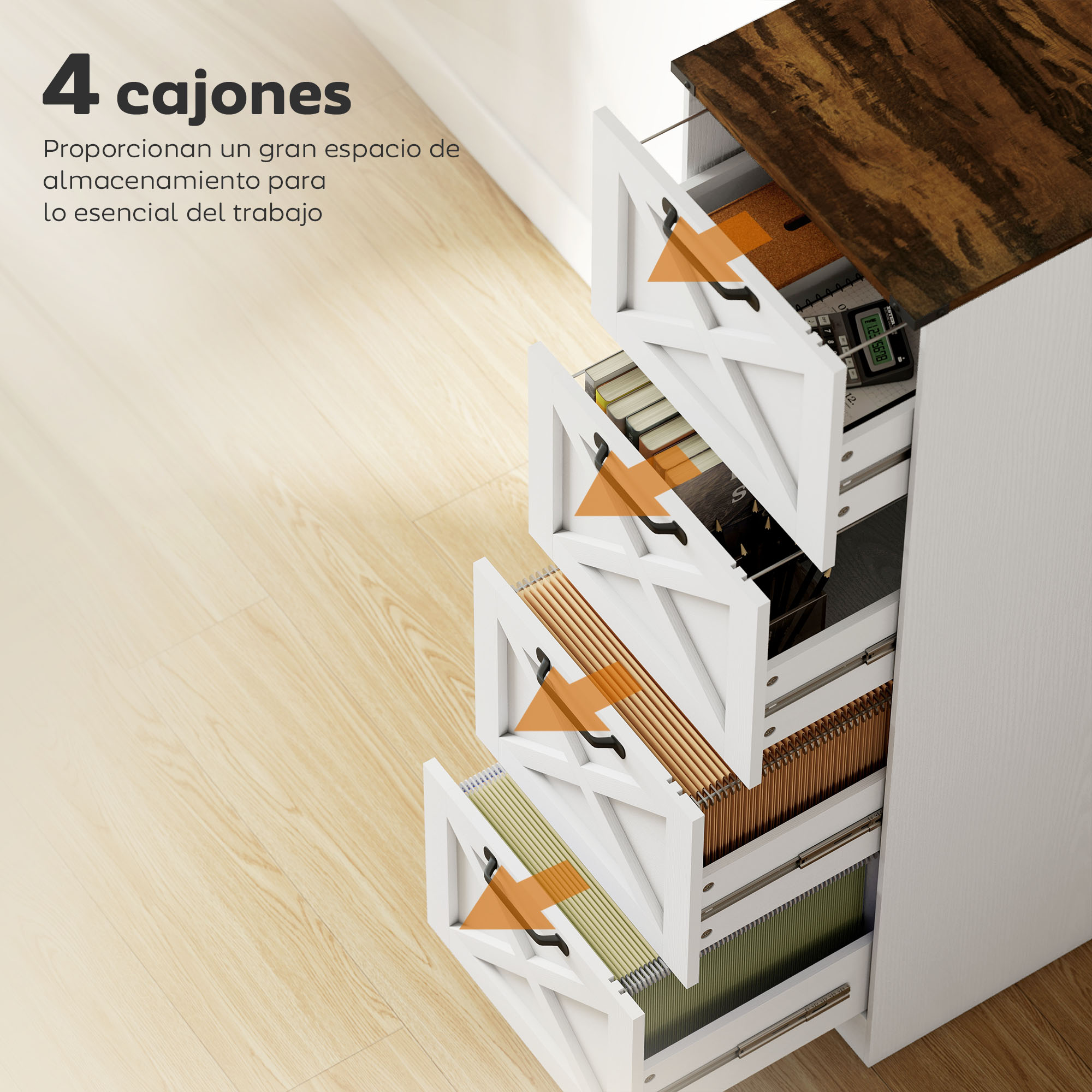 Un archivador blanco con cuatro cajones y tapa de madera. Carpetas en los cajones.