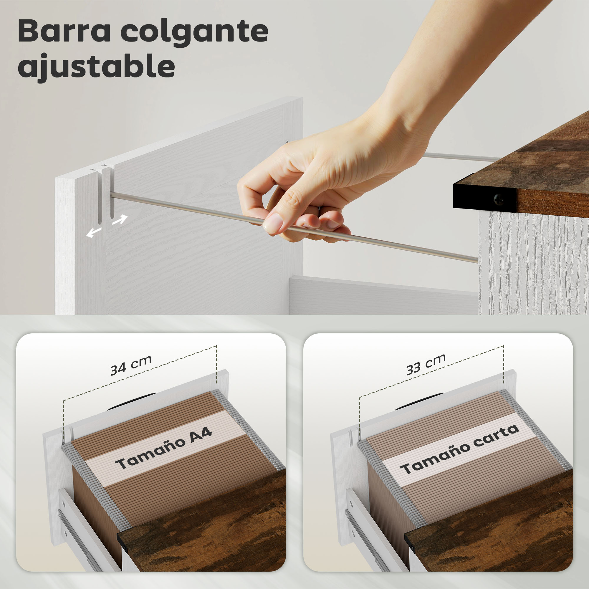 Una mano inserta una barra metálica en un cajón, se muestra para tamaños A4 y Carta.