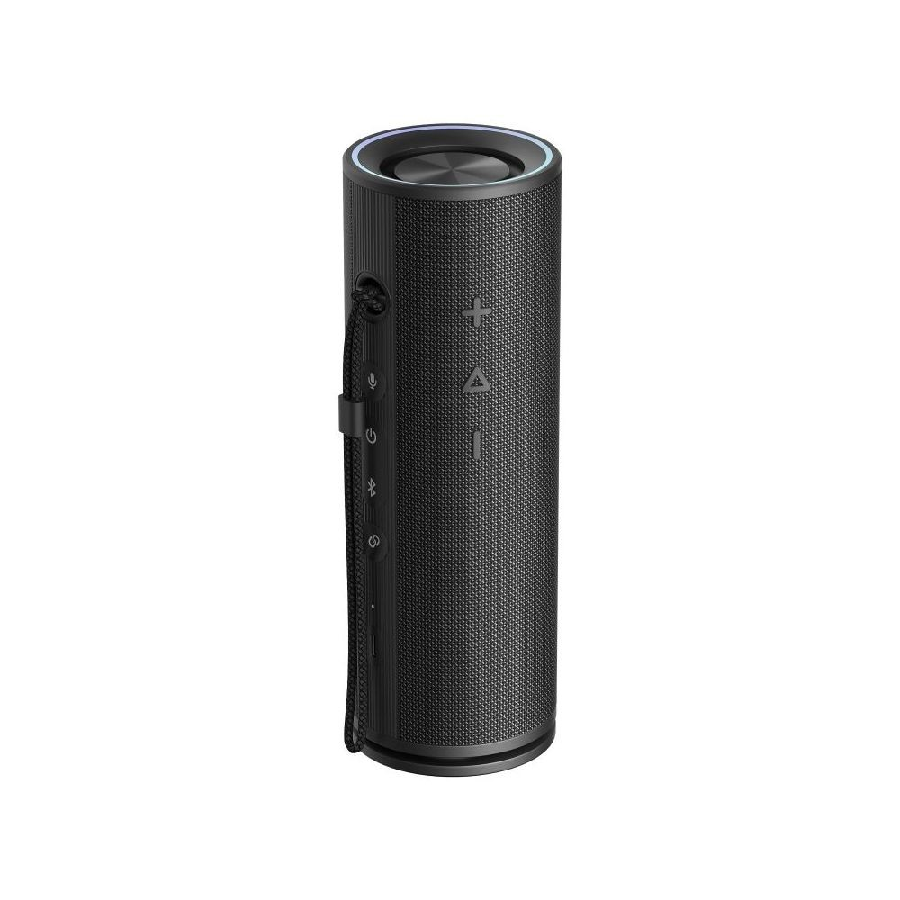 Siyah, silindirik Bluetooth hoparlör, kontrol düğmeleri ve halkası.