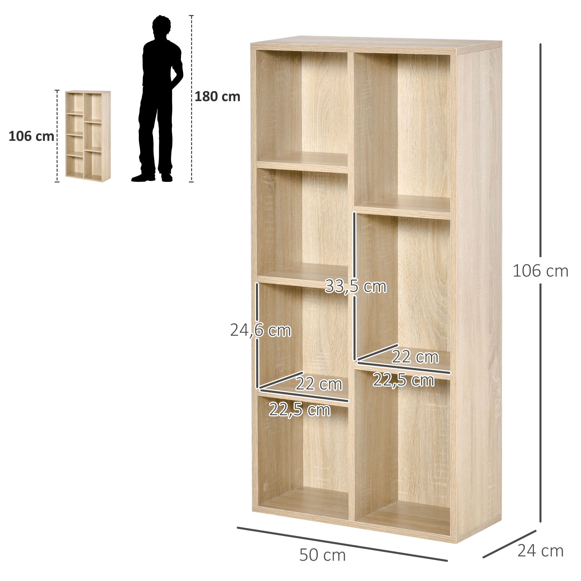 Estantería de madera clara con varios compartimentos, dimensiones 106x50x24 cm.