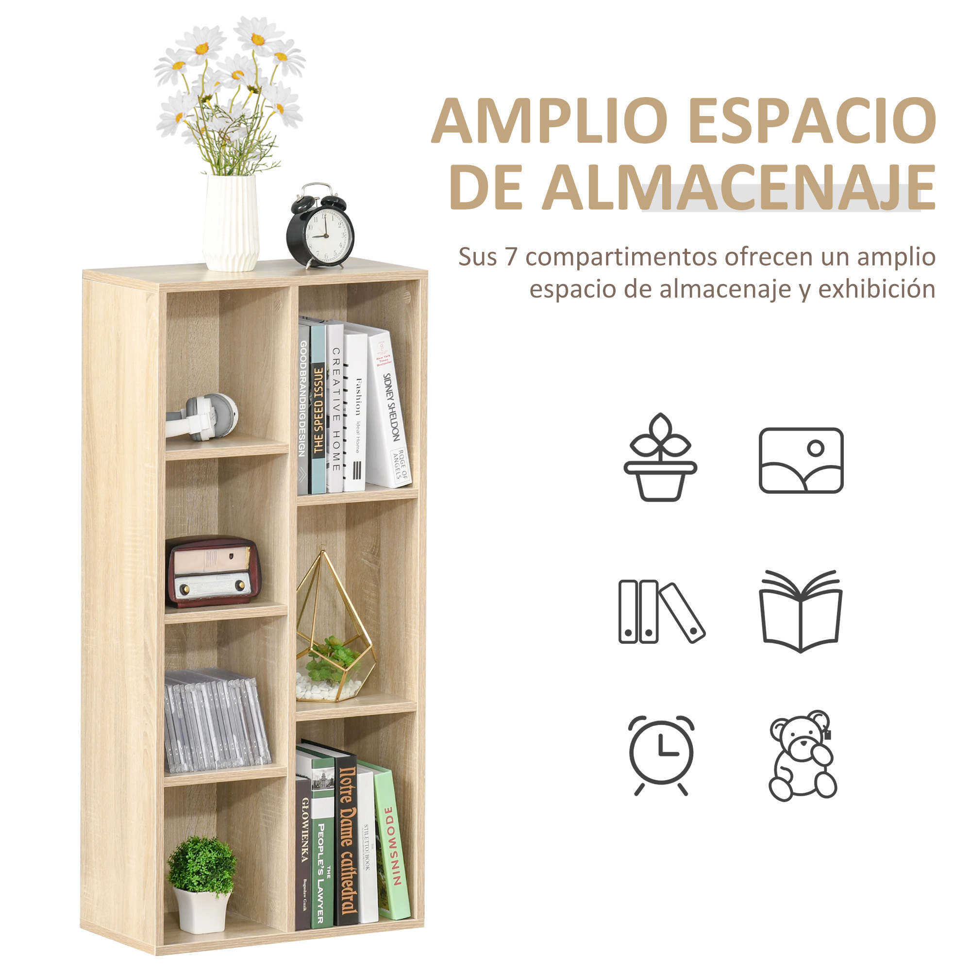 Una estantería marrón claro con libros, auriculares, jarrón con flores y decoración.