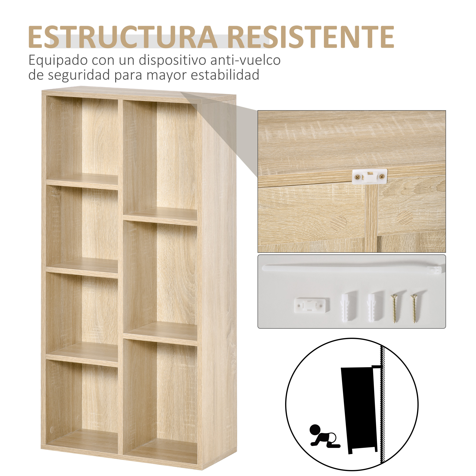 Estantería de madera clara con múltiples baldas y herrajes antivuelco.