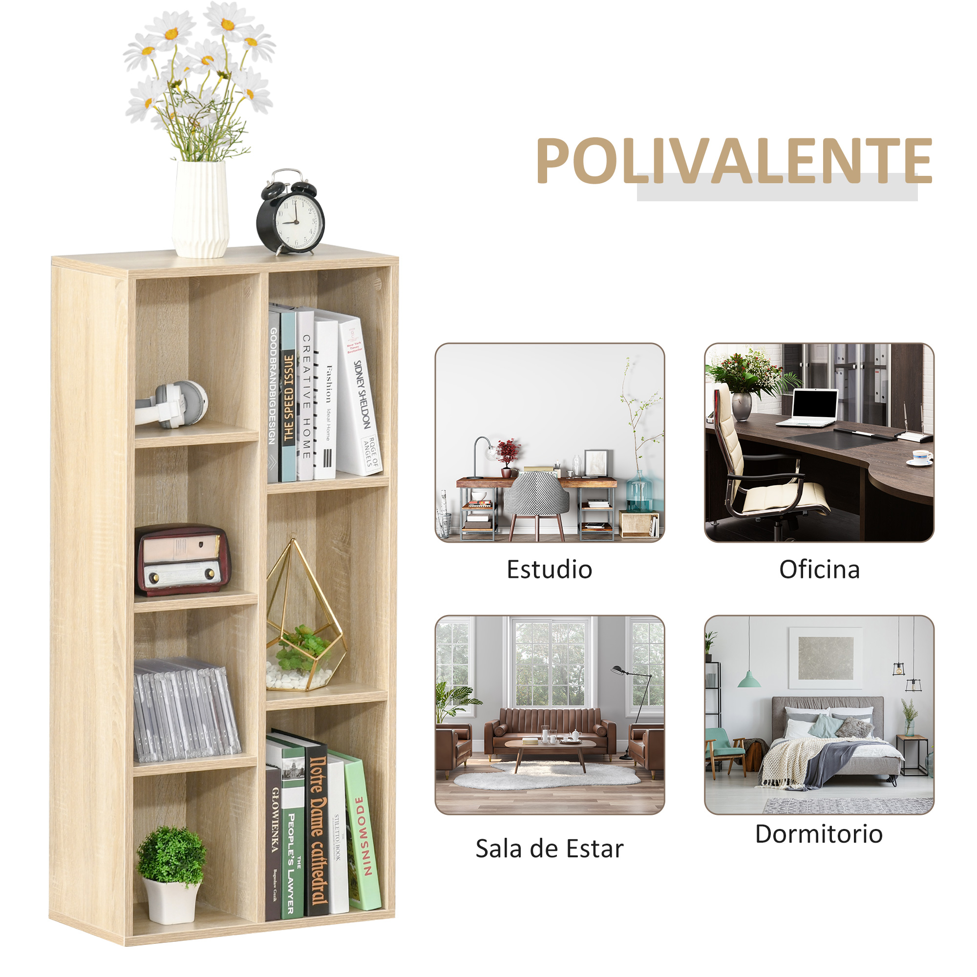 Estantería de madera clara con libros, auriculares y decoración. Al lado, cuatro escenas: oficina, sala, dormitorio, estudio.