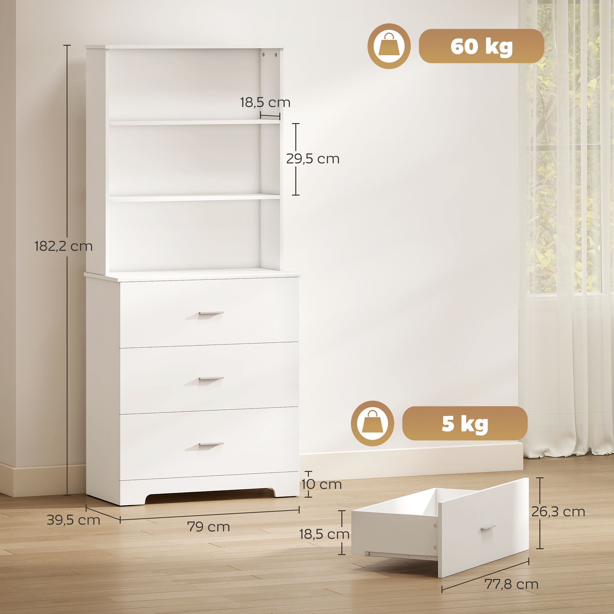 Cómoda blanca con tres cajones y estantes, con dimensiones e información de peso.