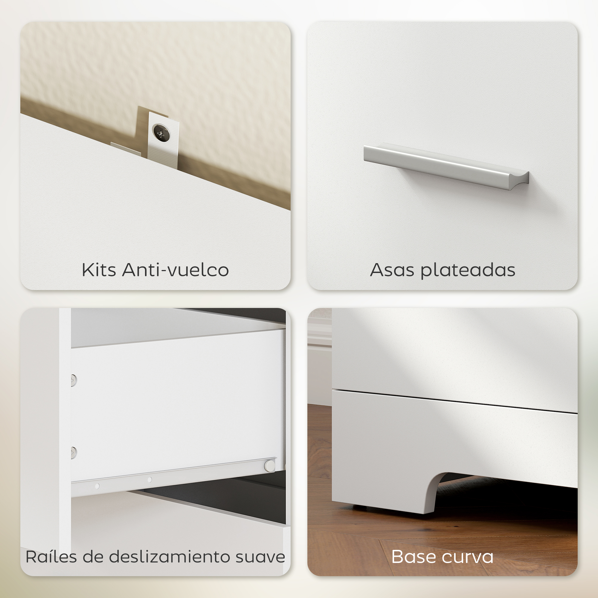 Cuatro detalles muestran muebles blancos: kit antivuelco, tiradores plateados, cajones y base curva.