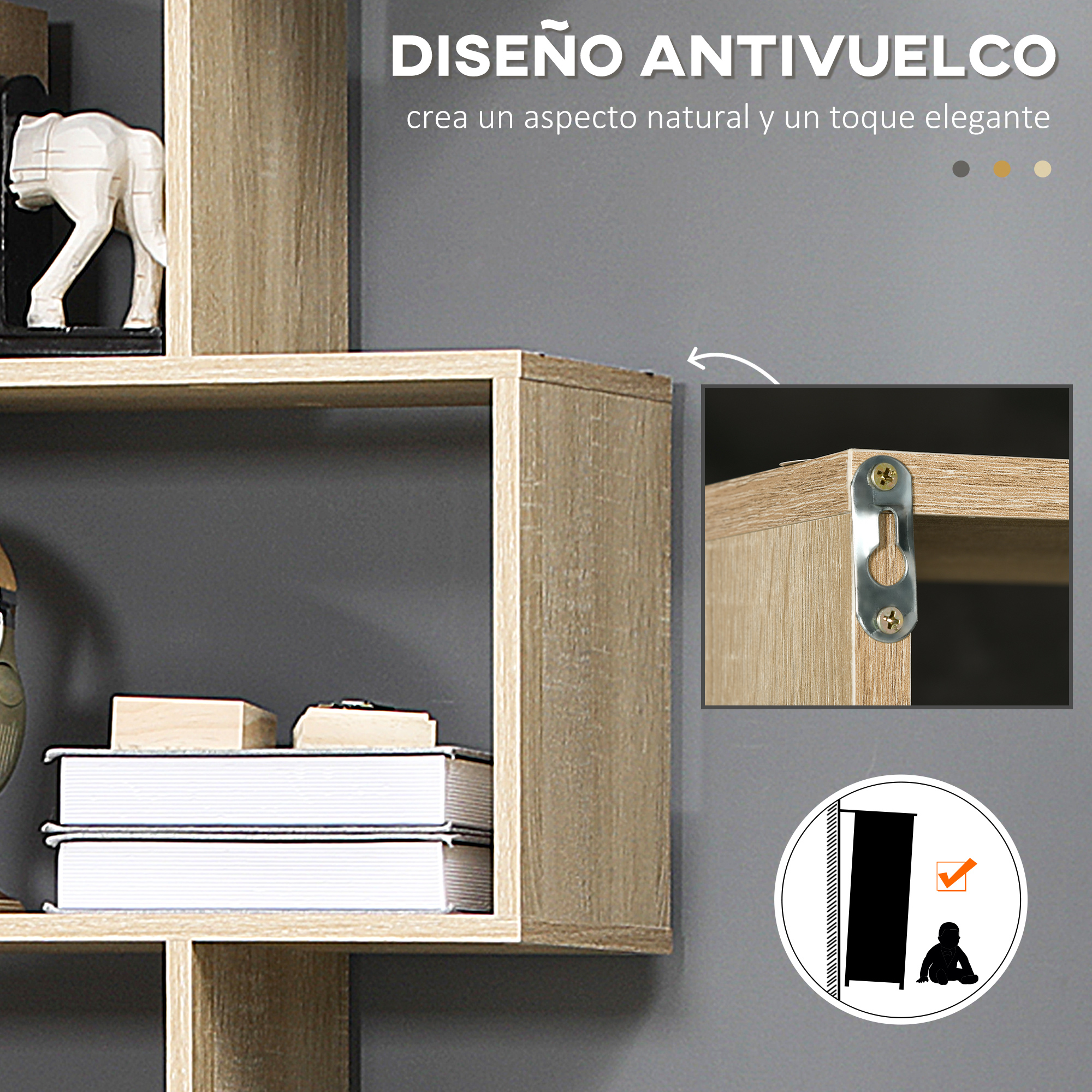 Estantería de madera con libros, sujetalibros de elefante y símbolo antivuelco.