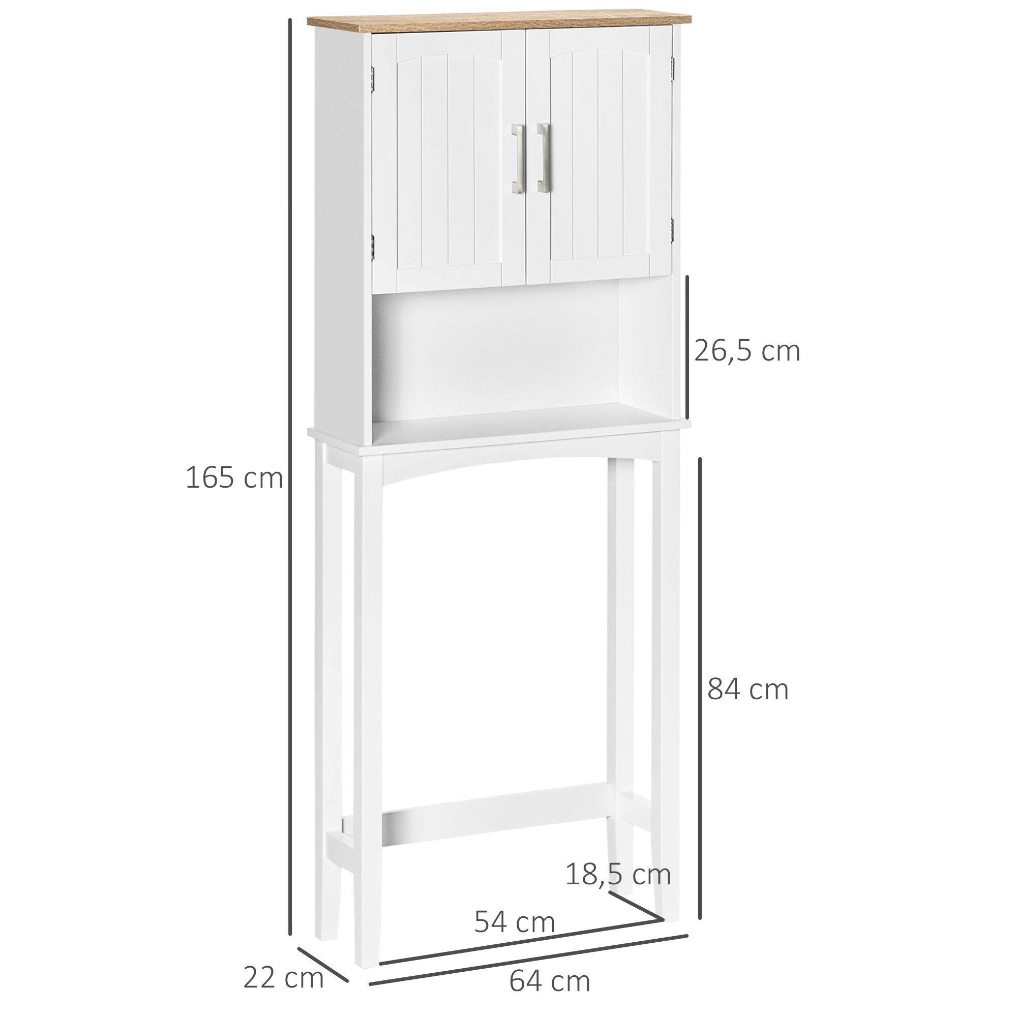 Armario blanco con tapa de madera, dos puertas, estante abierto y cuatro patas.