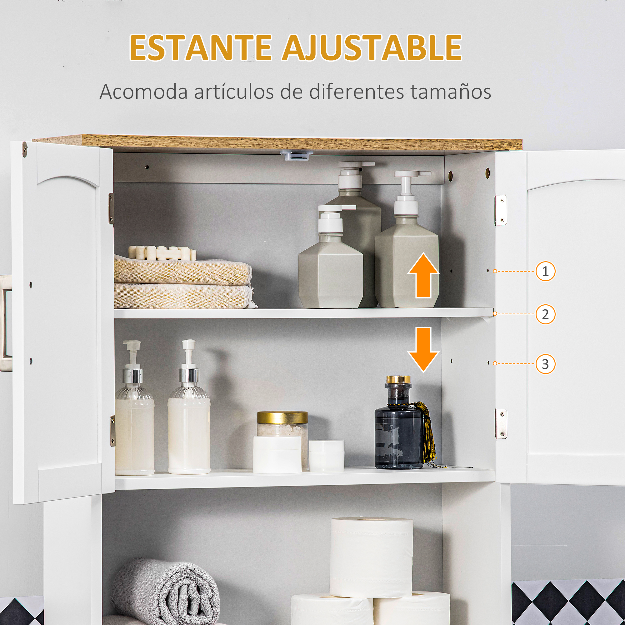 Un armario blanco con puertas abiertas, que contiene artículos de baño como dispensadores de jabón y papel higiénico.