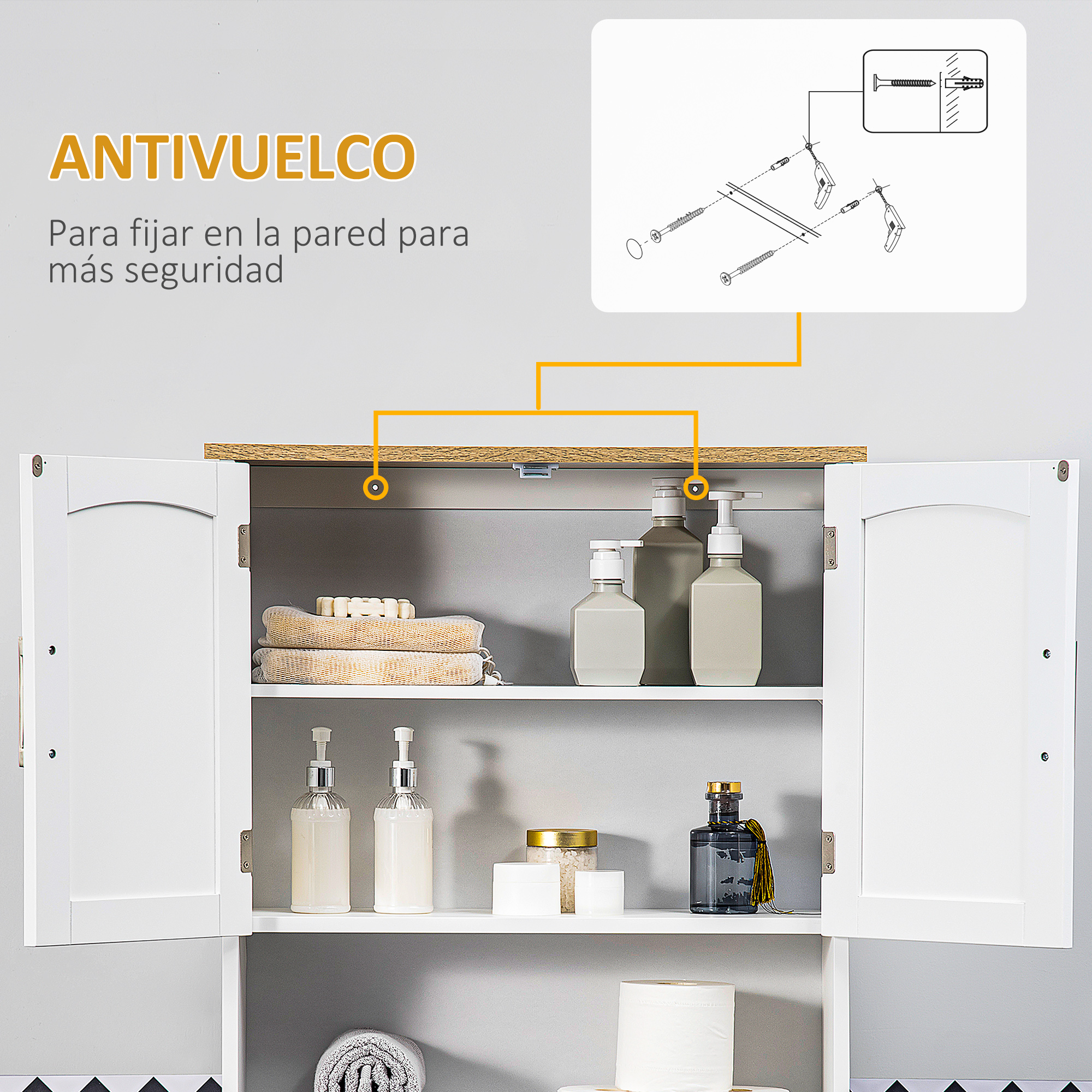 Un armario blanco abierto con estantes, lleno de dispensadores de jabón, toallas y artículos de tocador.
