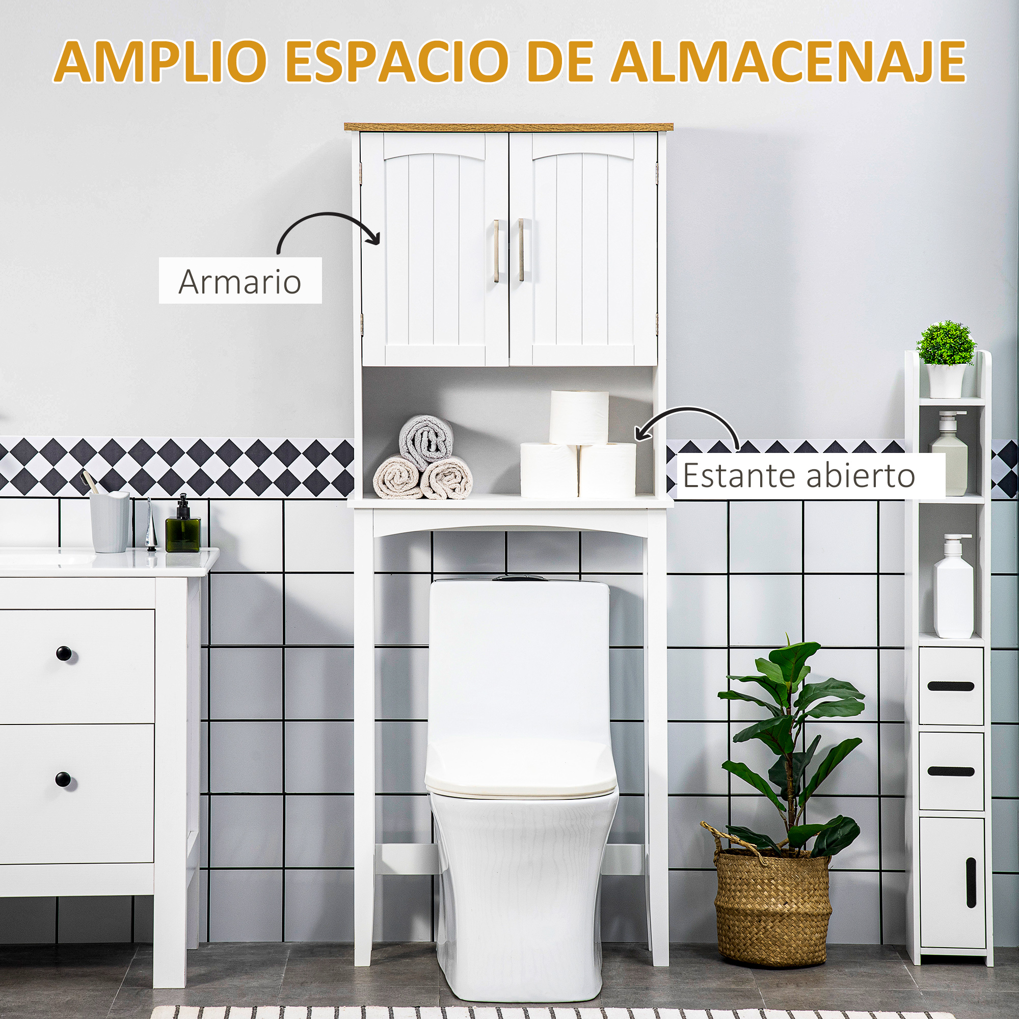 Armario de baño blanco sobre inodoro con puertas arriba y estantes abiertos.