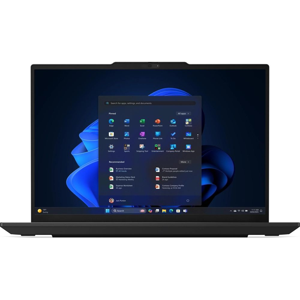 Un laptop nero che mostra il menu Start di Windows 11 con app e documenti.