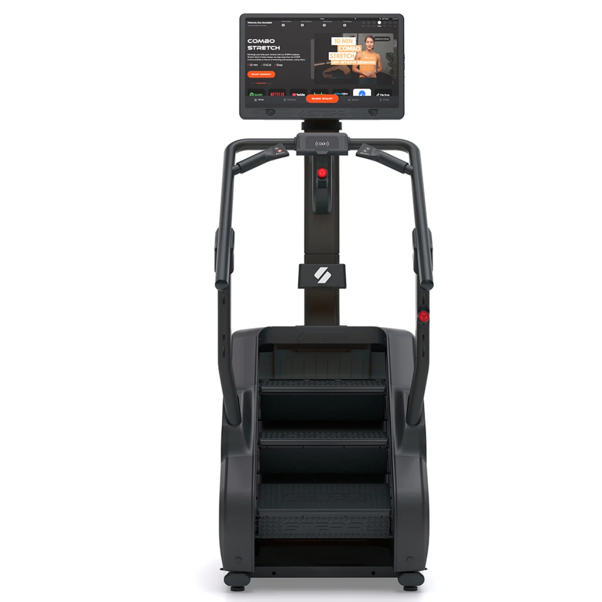 A black stair climber fitness machine with a touchscreen displaying a workout video.