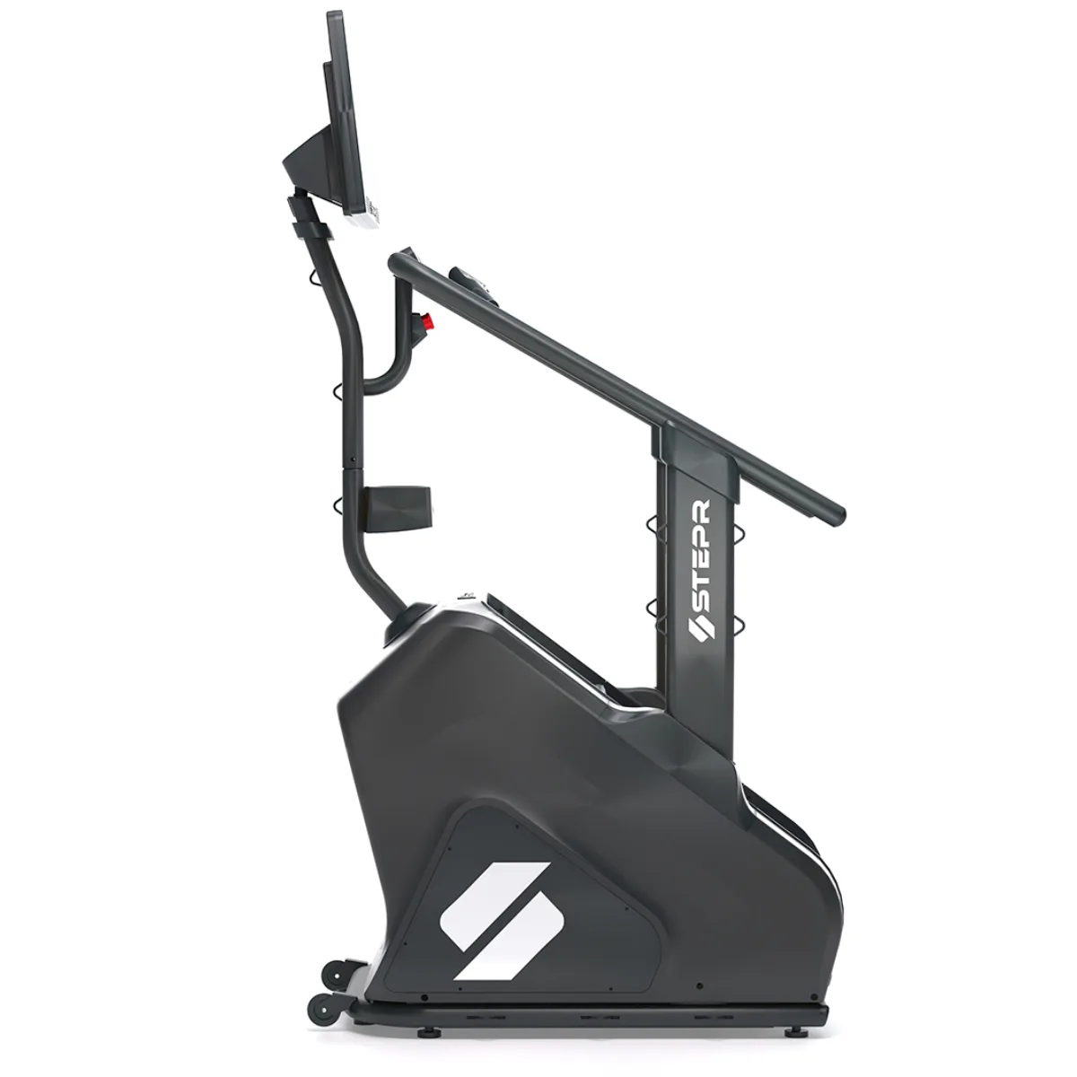 A dark grey stepper machine with a screen and handles, isolated on white.
